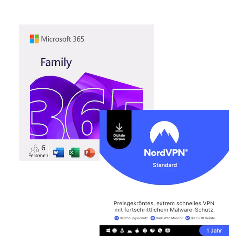 Microsoft 365 Family [6 User] + NordVPN Standard [10 Geräte] - mit Word, Excel, PowerPoint, OneNote, Outlook, Access und...