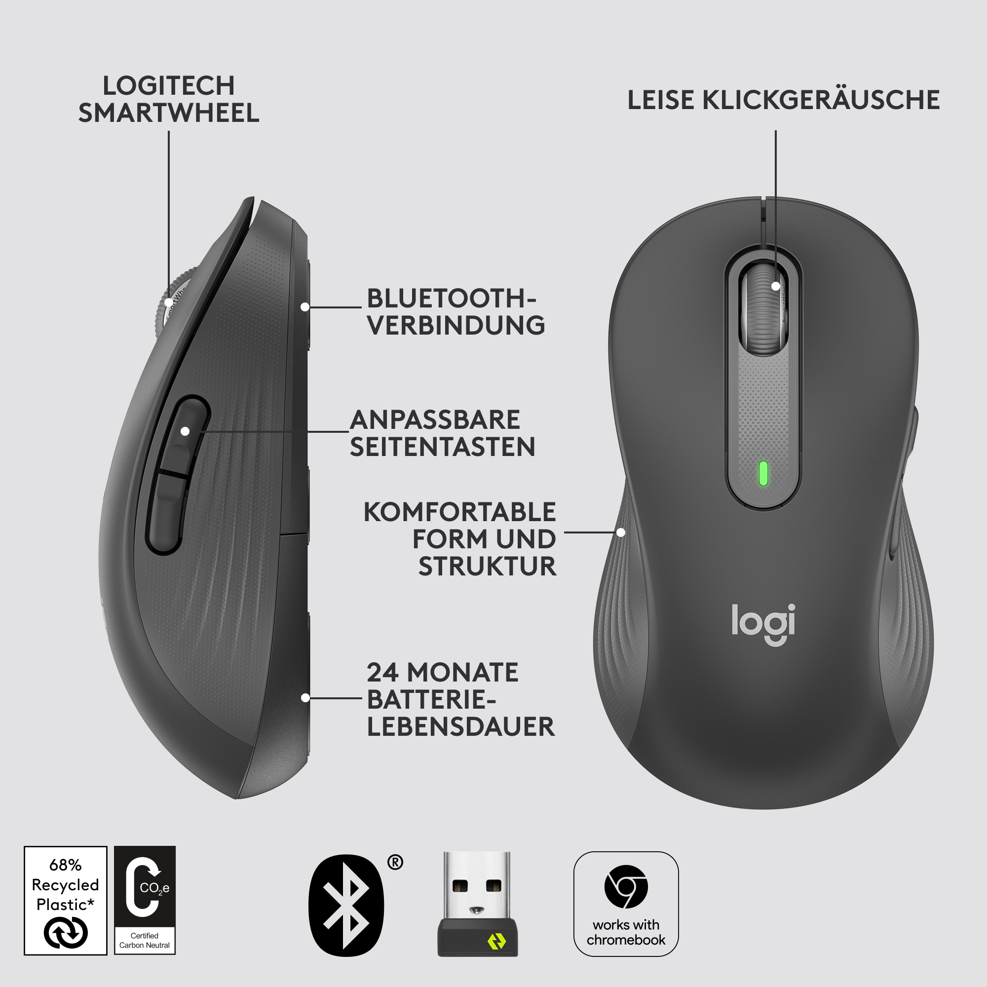 Logitech Signature M650 Large Links, kabellose Maus, Blu B-Ware und Logi Bolt-kompatibel, Siltent Touch, Smartwheel, USB-Empfänger, Graphite Mäuse Produkt Bild 6