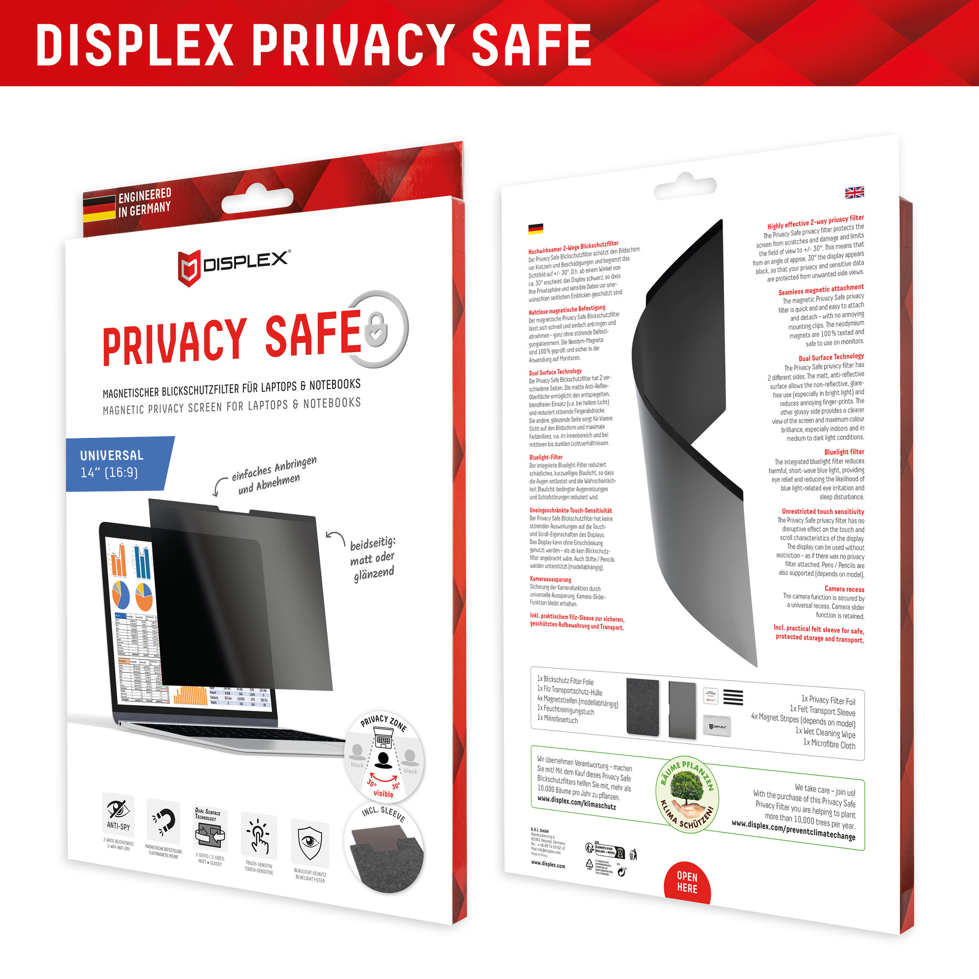 DISPLEX Privacy Safe Blickschutzfilter Universal 14", 16:9, Anti-Reflex, Bluelight-Filter, Magnetische Befestigung Displayfolien Produkt Bild 3