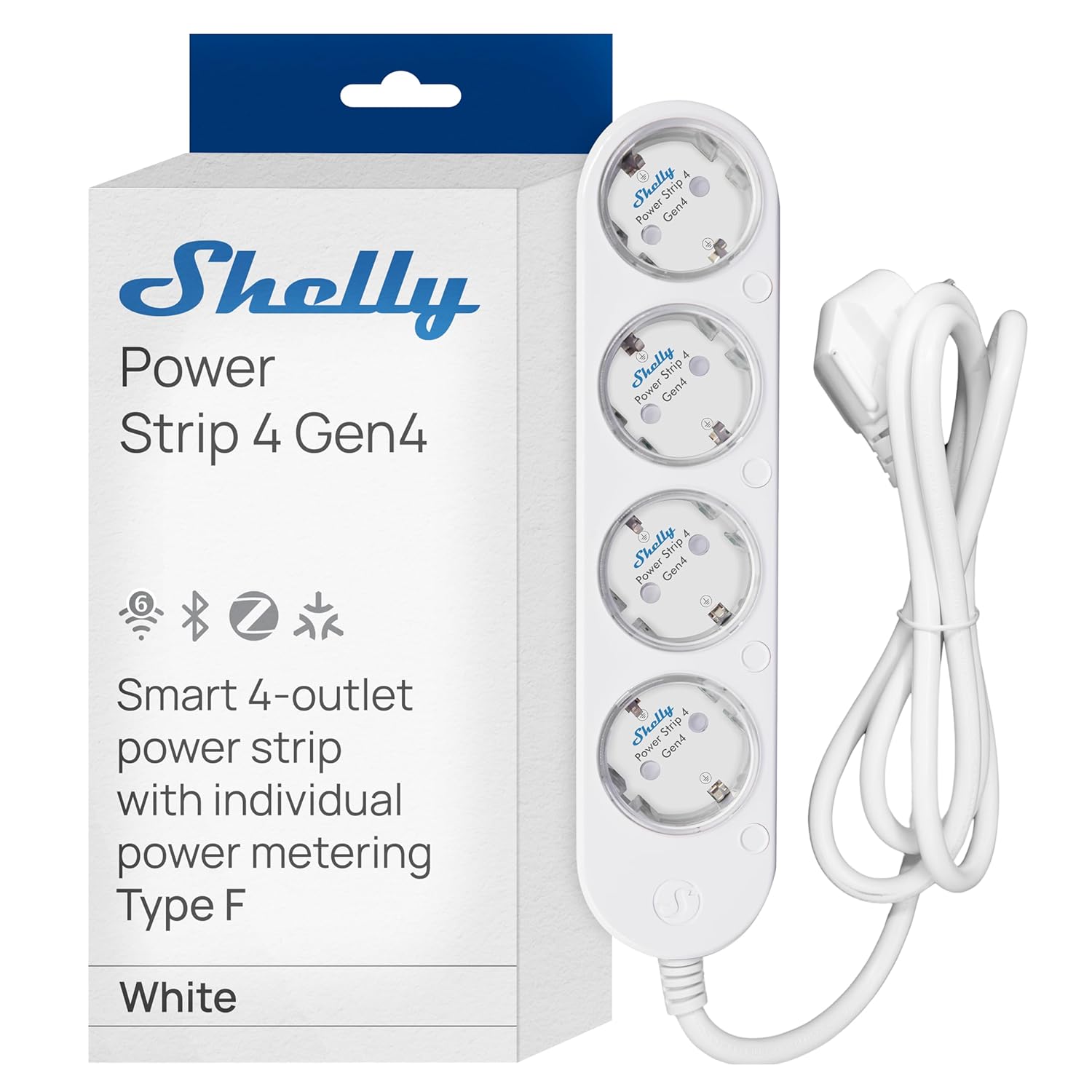Shelly Power Strip 4 Gen4 weiß - 4-fach Steckdosenleiste, WiFi, Bluetooth, Zigbee, Matter, Apple HomeKit, Alexa