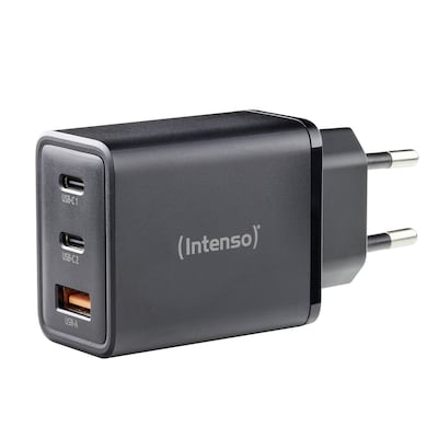 Intenso Power Adapter W65ACC Gan, Schwarz 65 Watt Netzteil, Zwei USB-C Anschlüsse und einem USB-A Anschluss