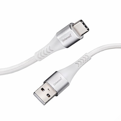 Intenso USB-Kabel A315C Nylon 1,5m weiß, USB-A und USB-C Anschluss, unterstützt Schnelladen (PD) bis 60W