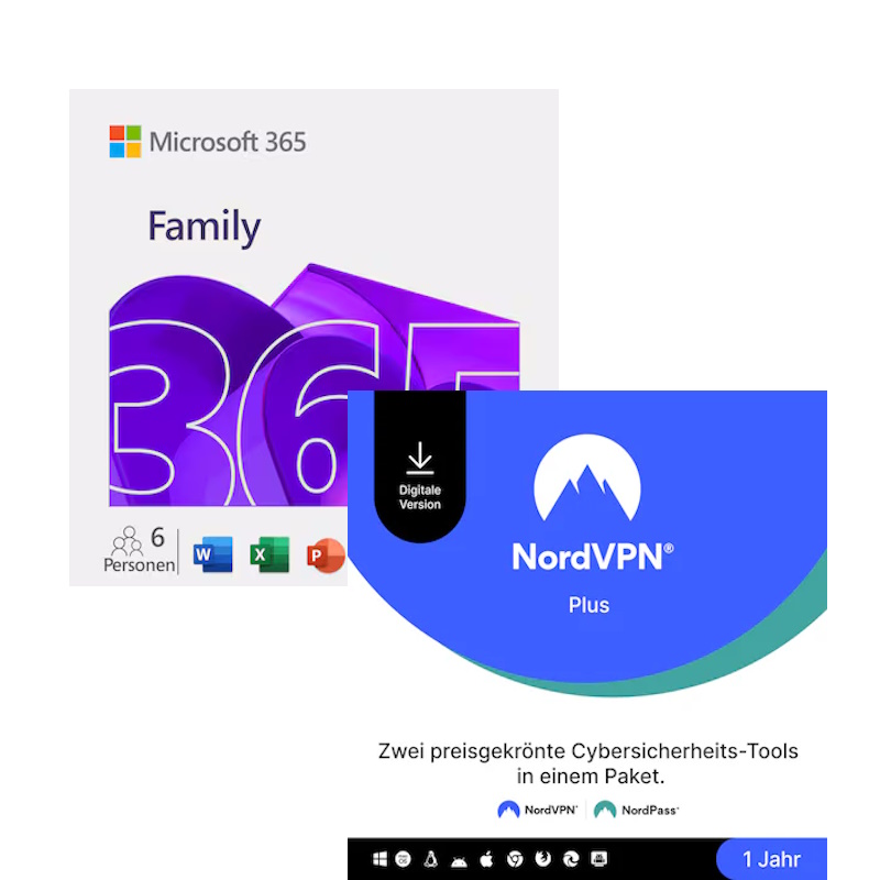 Microsoft 365 Family [6 User] + NordVPN Plus [10 Geräte] - mit Word, Excel, PowerPoint, OneNote, Outlook, Access und VPN...