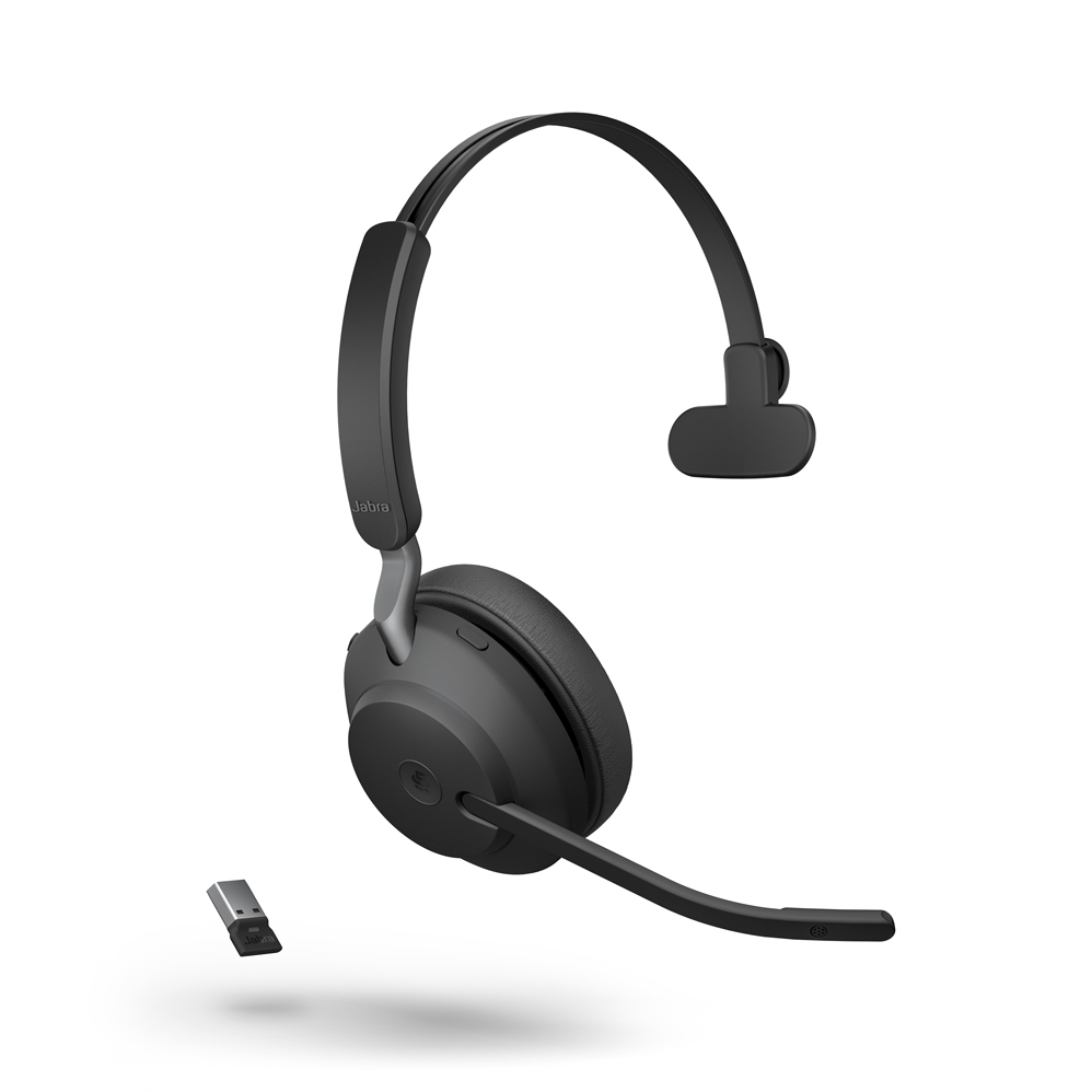 Jabra Evolve2 65 Headset, Mono, kabellos, schwarz Bluetooth, inkl. Link 380 USB-A, Optimiert Microsoft Teams