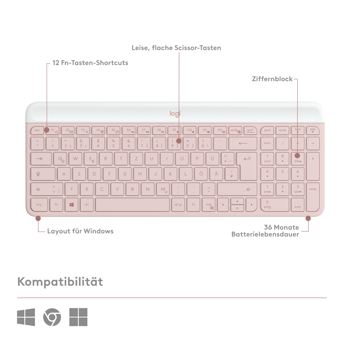 Logitech MK470 Slim Combo - kabelloses Tastatur-Maus-Set, rose Tastaturen Produkt Bild 6