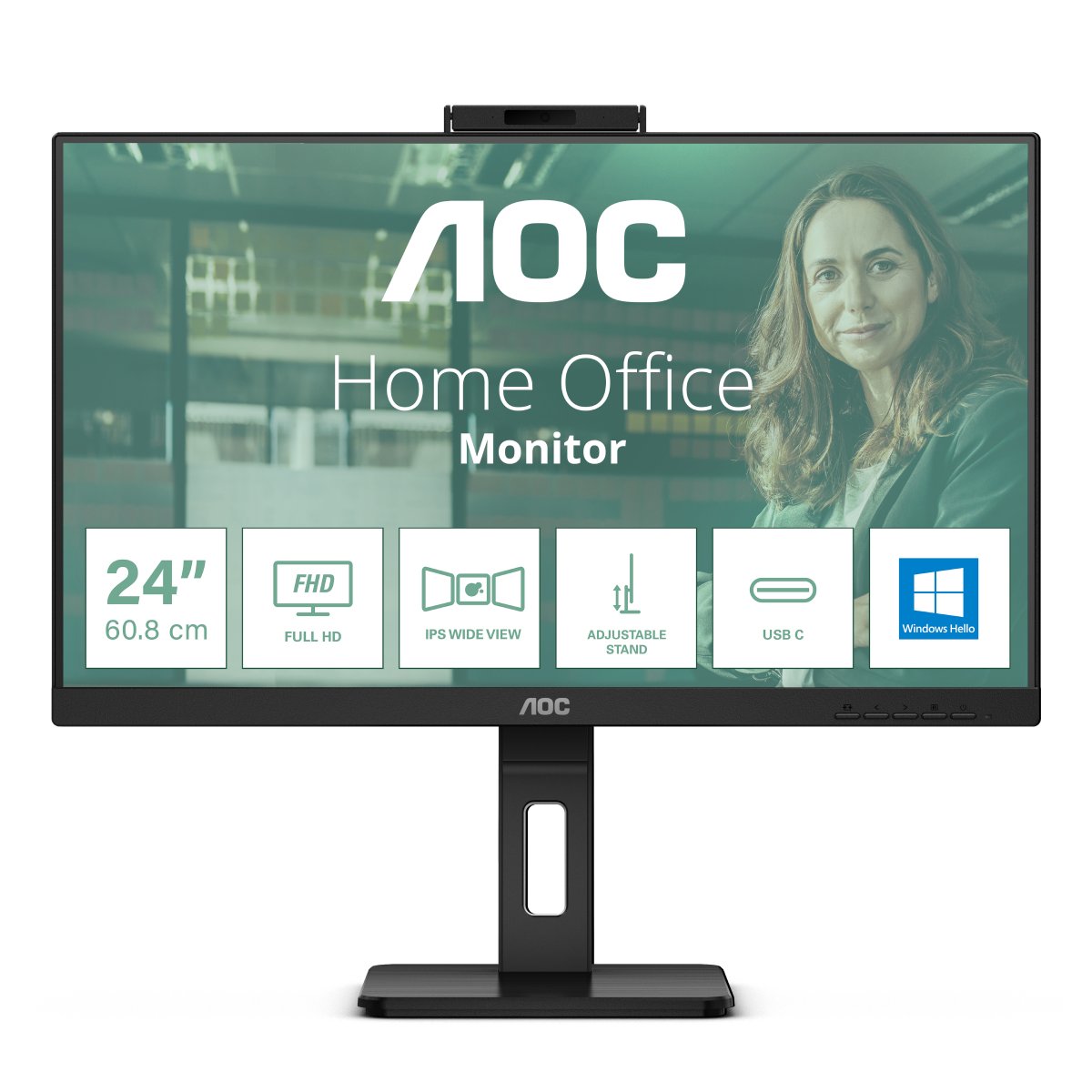 AOC 24P3CW 24 Zoll Full HD Monitor, 5 MP Webcam, höhenverstellbar, Lautsprecher 1920x1080, 75 Hz, HDMI, DisplayPort in/out, USB-C