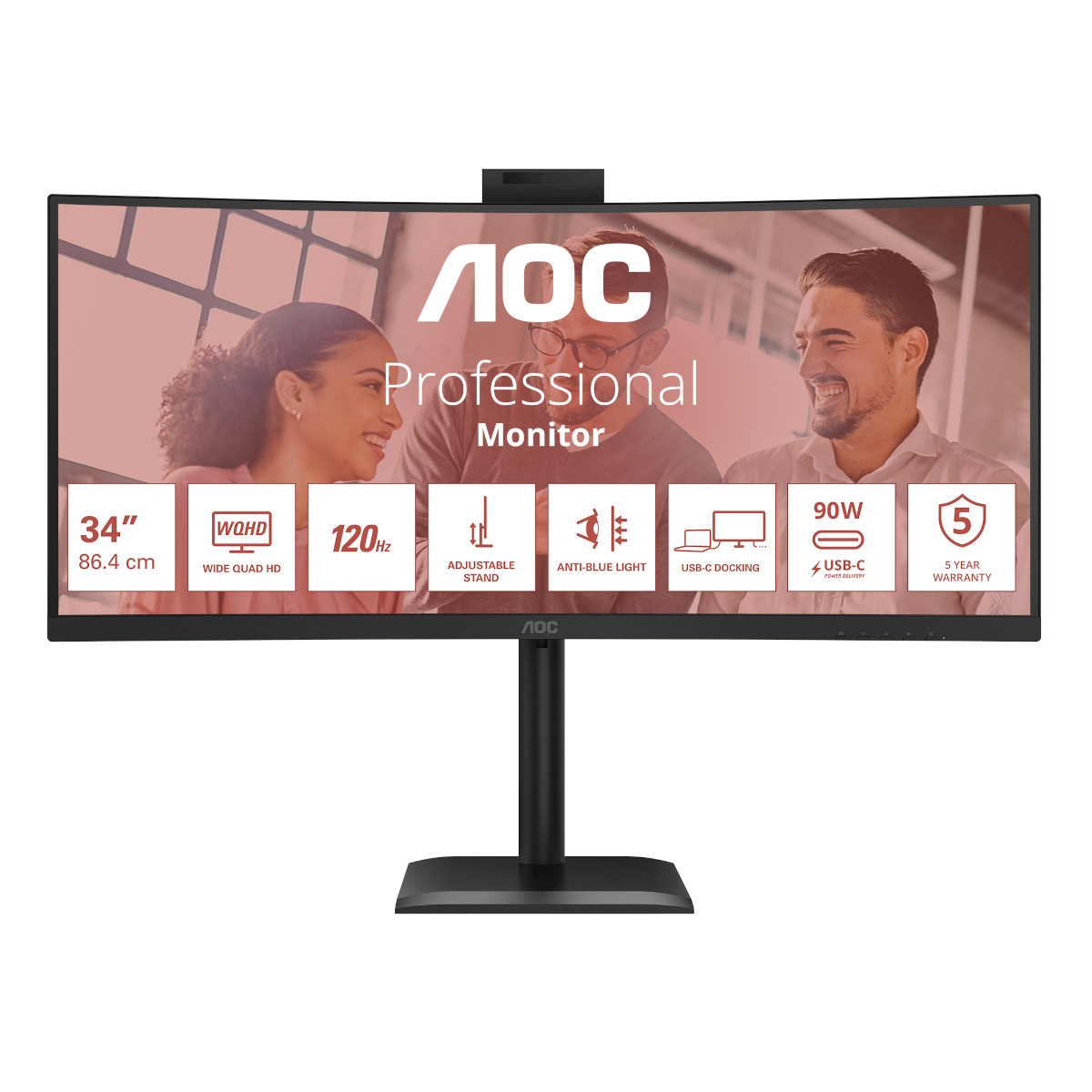 AOC CU34E4CW Curved Office Monitor 34 Zoll WQHD , höhenverstellbar, Lautsprecher, Webcam, schwarz