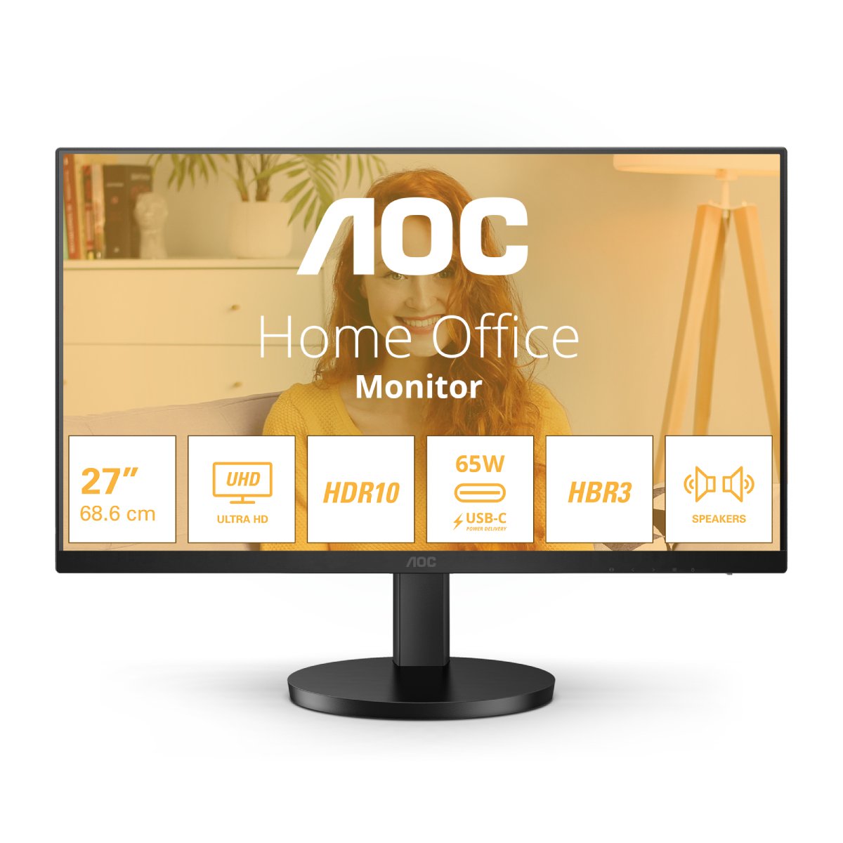 AOC U27B3CF 27 Zoll UHD Monitor, Lautsprecher, höhenverstellbar, HDR10 (3840x2160, 4K, 60 Hz, 2x HDMI, USB Hub) schwarz