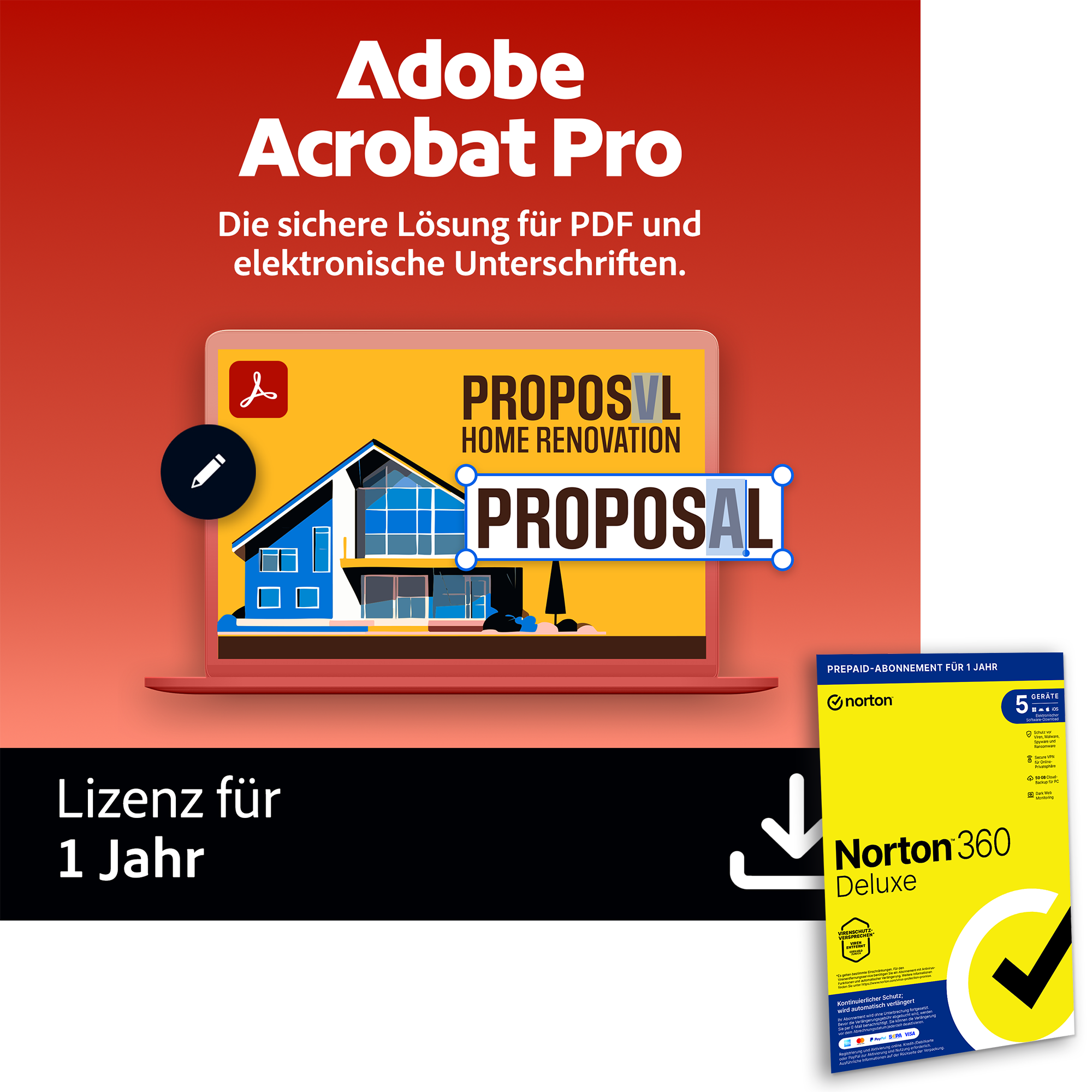 Image of Adobe Acrobat Pro |1 Jahr | PC/Mac inkl. Norton 360 Deluxe | 12 Monate | 5 Geräte