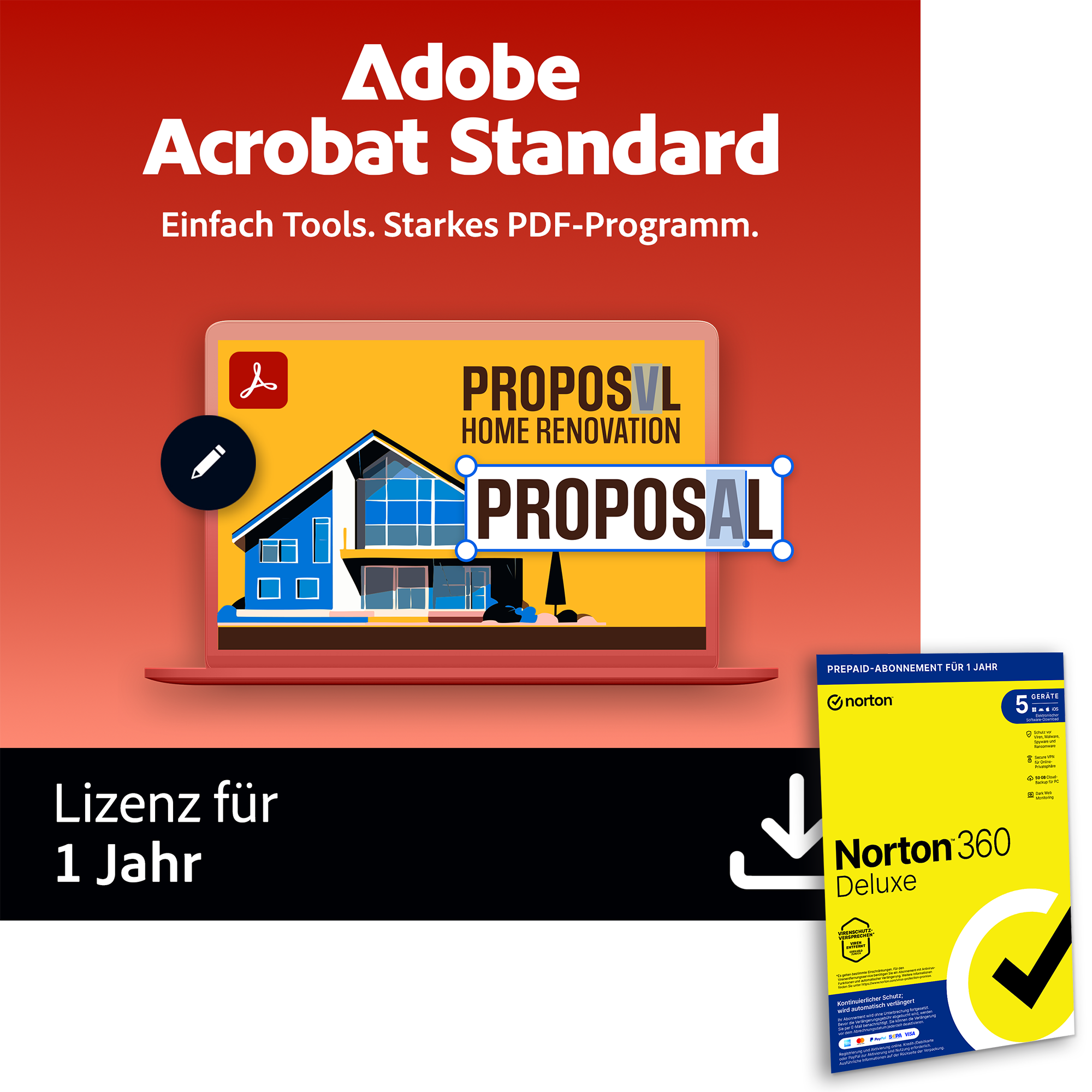 Image of Adobe Acrobat Standard | 1 Jahr | Win/Mac inkl. Norton 360 Deluxe | 12 Monate | 5 Geräte