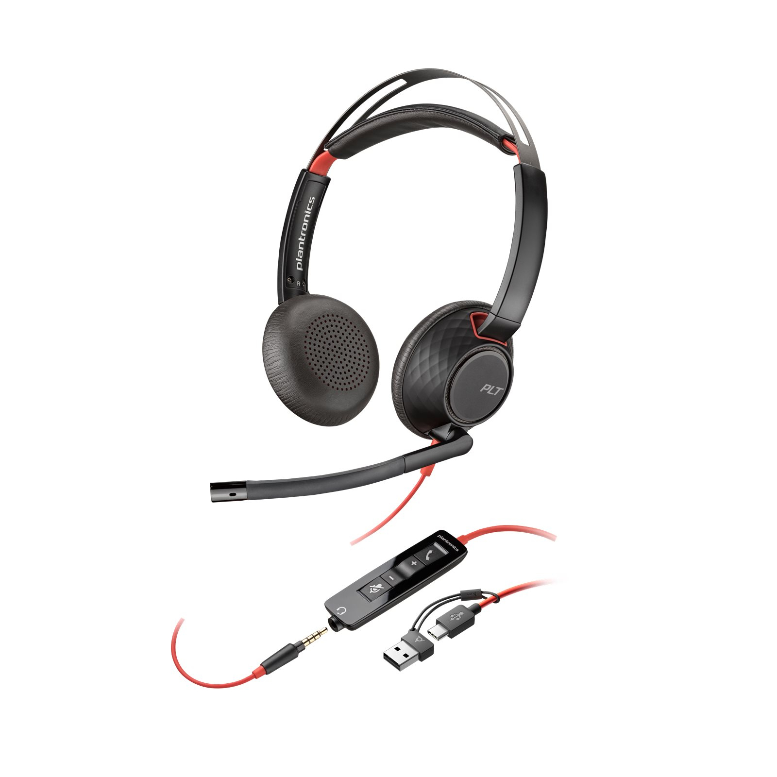 Poly Blackwire 5220 Stereo-Headset, USB-C-Anschluss incl. USB-A-Adapter und 3,5mm Klinkenanschluss