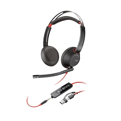 Poly Blackwire 5220 Stereo-Headset, USB-C-Anschluss incl. USB-A-Adapter und 3,5mm Klinkenanschluss