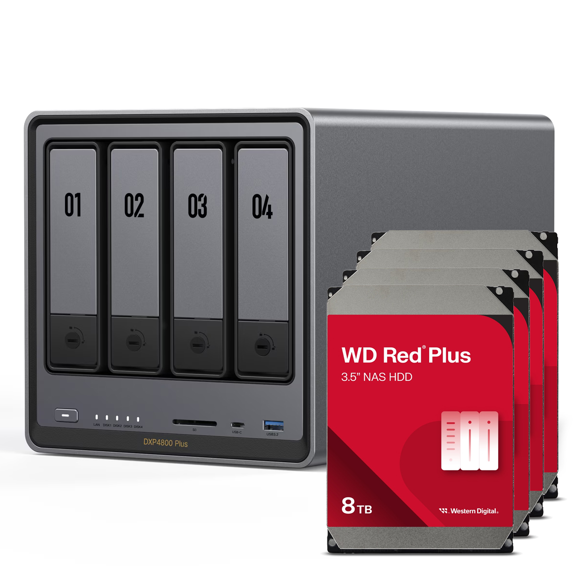 UGREEN DXP4800 Plus 32TB WD Red Plus NAS-Bundle NAS inkl. 4x 8TB WD Red Plus 3.5 Zoll SATA Festplatte