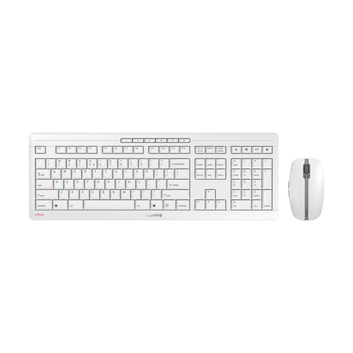 CHERRY Stream Desktop Set Recharge, QWERTY-Layout US mit Euro-Symbol, kabelloses Maus & Tastatur-Set, Weiß-Grau