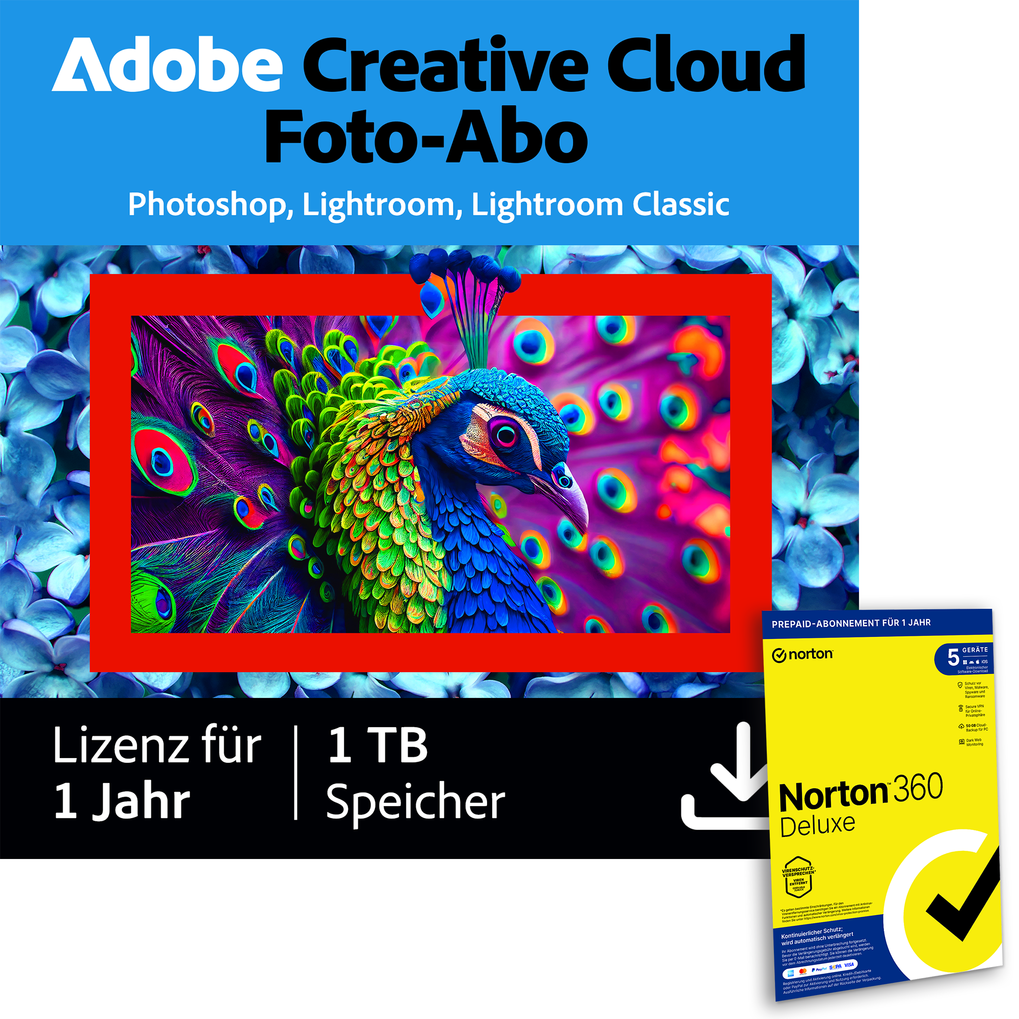 Adobe Creative Cloud Foto-Abo | 1 Jahr | 1TB | PC/Mac inkl. Norton 360 Deluxe | 12 Monate | 5 Geräte