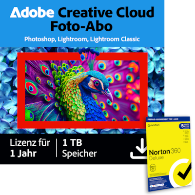 Adobe Creative Cloud Foto-Abo | 1 Jahr | 1TB | PC/Mac inkl. Norton 360 Deluxe | 12 Monate | 5 Geräte