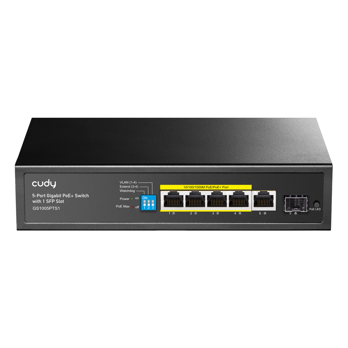 Cudy GS1005PTS1 Netzwerk-Switch 6-Port, Unmanaged, 5x Gigabit RJ45, 1x Gigabit SFP, 4x PoE+, 120W