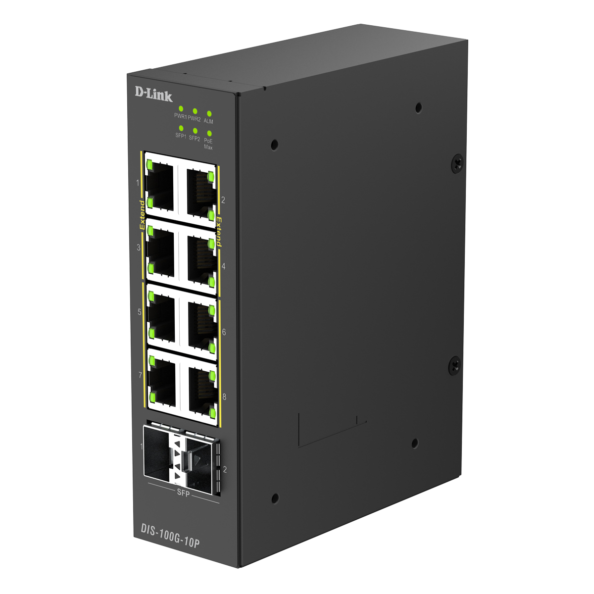 D-Link DIS-100G-10P Unmanaged Switch 8x Gigabit Ethernet (PoE+, max. 240W), 2x 1G SFP, DIN-Schienenmontage, IP30