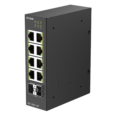 D-Link DIS-100G-10P Unmanaged Switch 8x Gigabit Ethernet (PoE+, max. 240W), 2x 1G SFP, DIN-Schienenmontage, IP30