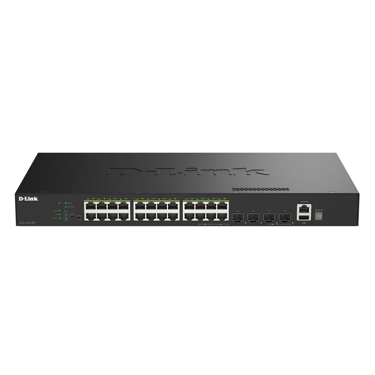 D-Link DGS-1530-28P Smart Managed Switch 24x Gigabit Ethernet (PoE+, max. 370 W), 4x 10G SFP+, 1x USB 2.0, 1x Konsolen-P...