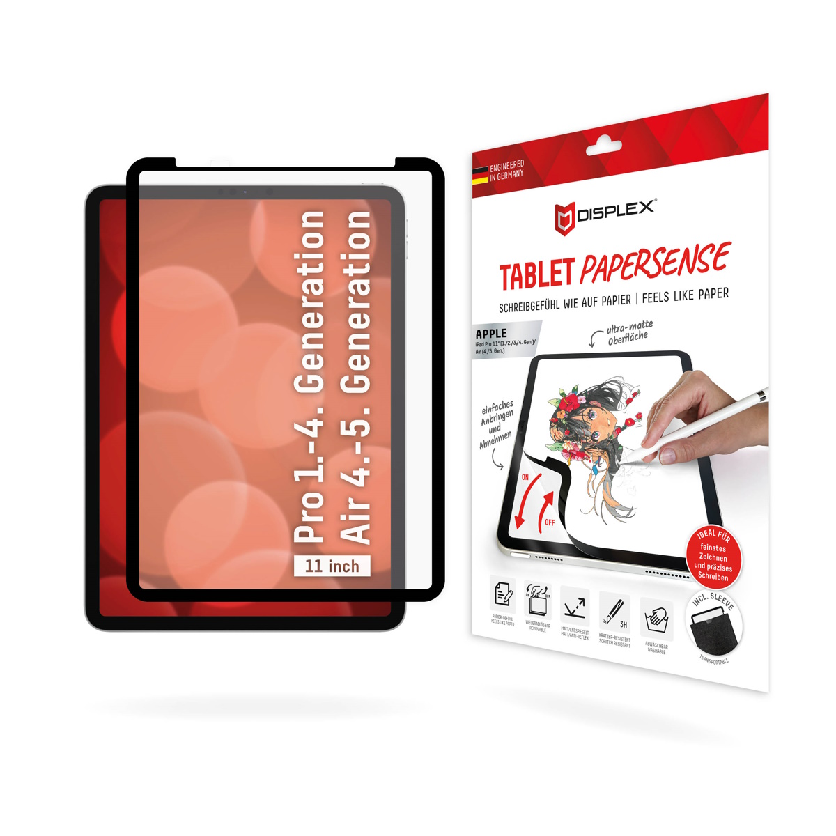 DISPLEX TABLET PAPERSENSE für iPad Pro 11'' (1./2./3./4. Gen.) und Air (4./5. Gen.), wiederablösbare Schreibfolie und Zeichenfolie mit Paper Feeling f