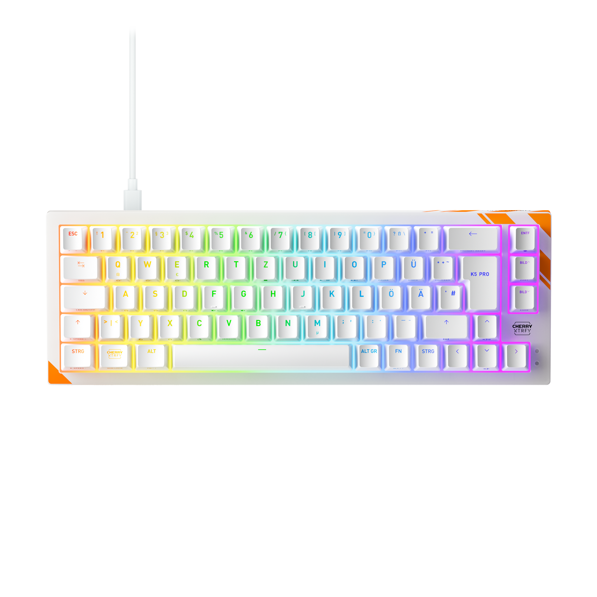 Cherry Xtrfy Tastatur K5 Pro TMR Compact, Kabelgebunden, weiß 65%-Design, Hot-swappable CHERRY MK Crystal Magnet-Schalter, Strip-LED-ARGB-Beleuchtung