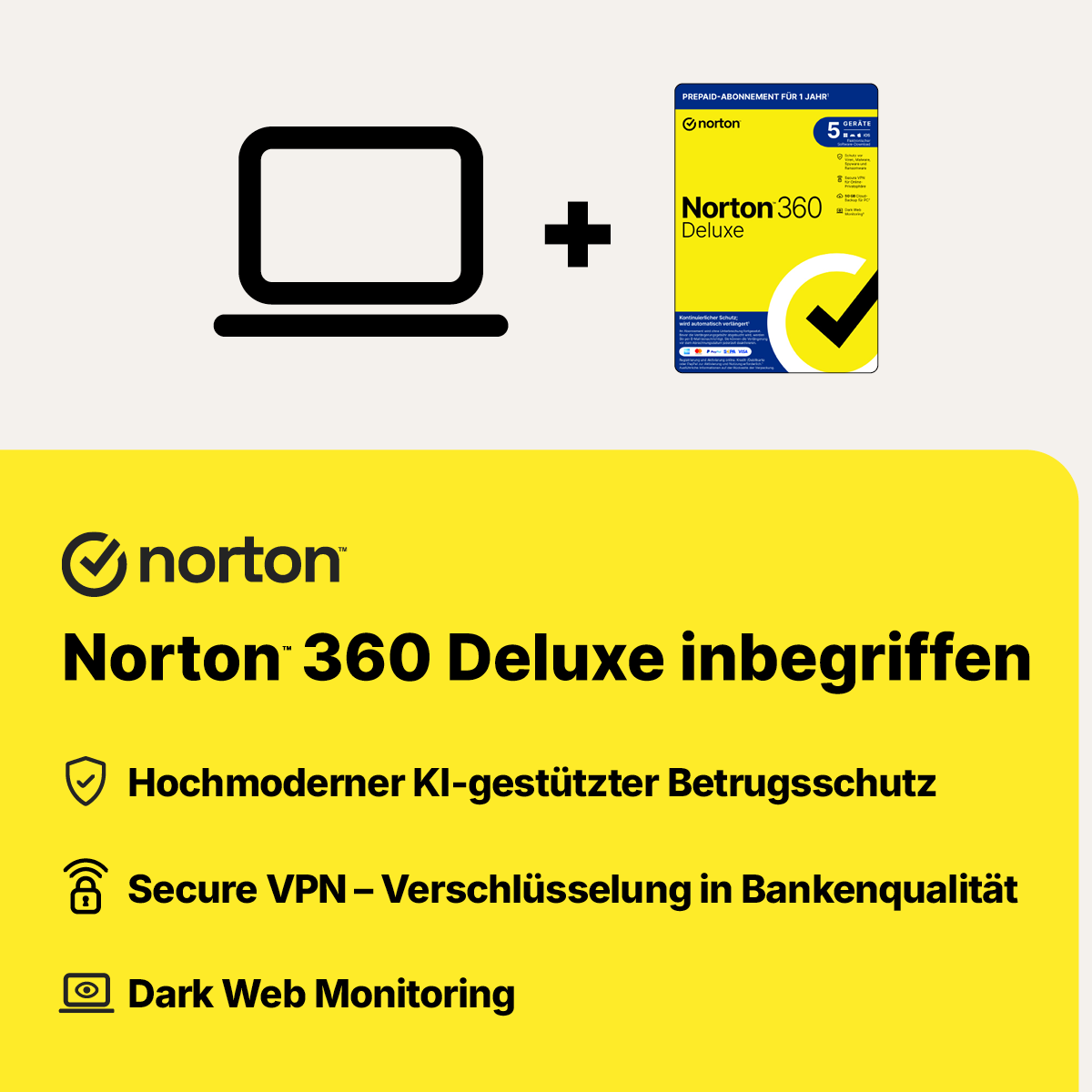 Norton 360 Deluxe + VPN Virenschutz-Abo, 1. Jahr kostenlos für 5 Geräte