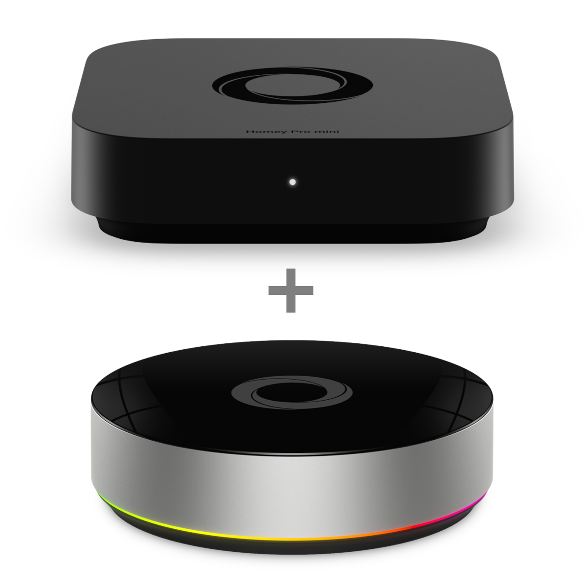 Homey Pro mini und Homey Bridge - schwarz mit Matter, Zigbee, Thread und LAN / durch Homey Bridge auch Zigbee, Z-Wave, Bluetooth, 433 MHz und Infrarot
