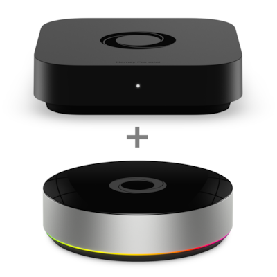 Homey Pro mini und Homey Bridge - schwarz mit Matter, Zigbee, Thread und LAN / durch Homey Bridge auch Zigbee, Z-Wave, Bluetooth, 433 MHz und Infrarot