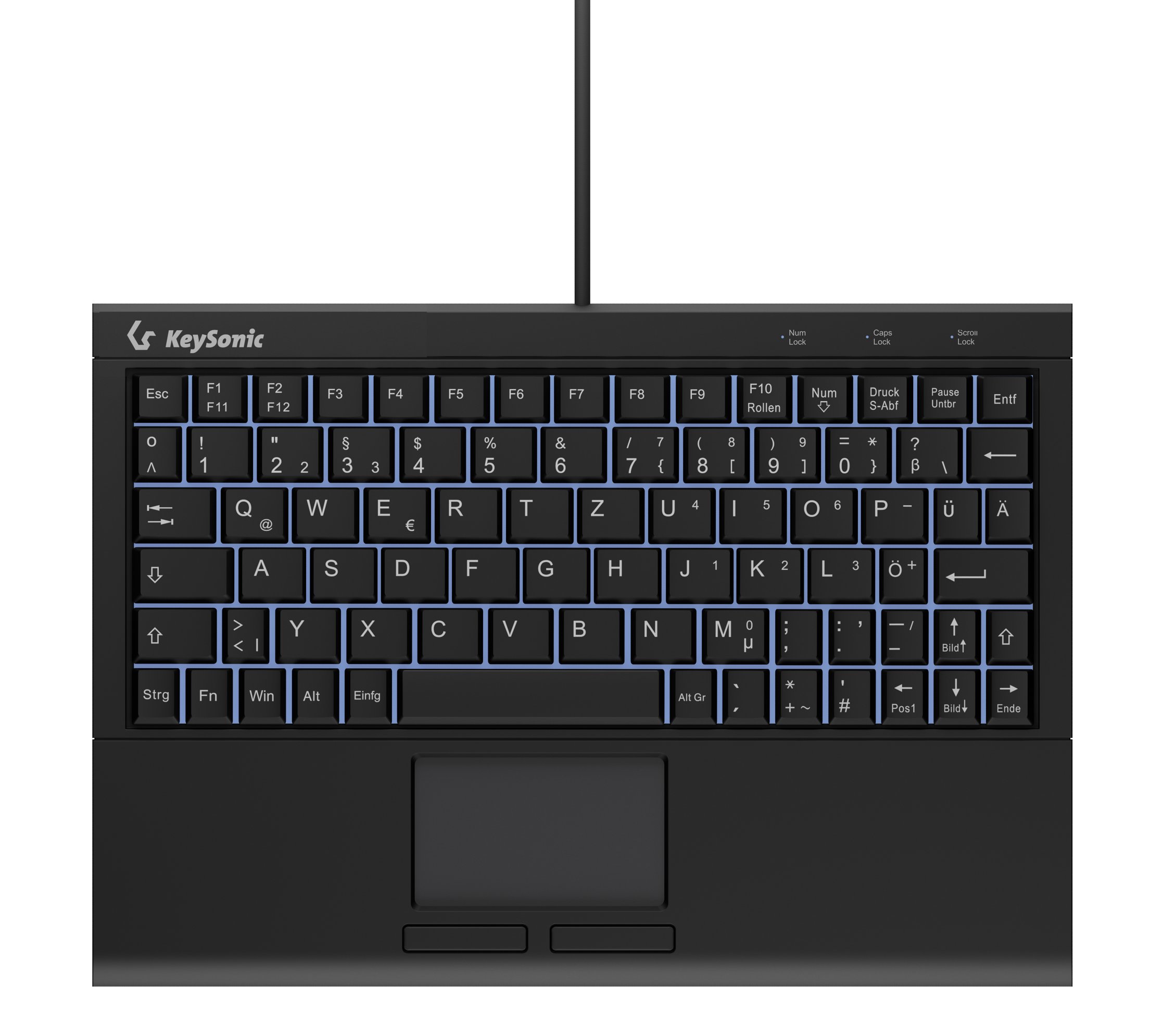 Keysonic KSK-3211ELU Super-Mini Tastatur, Kabelgebunden Hintergrundbeleuchtung, Integriertes Touchpad, schwarz