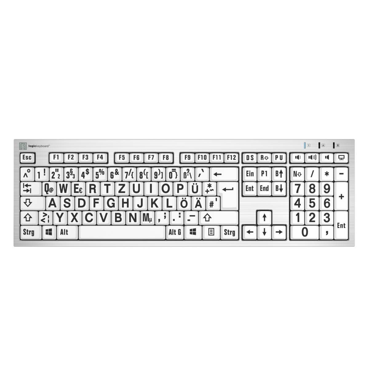 LogicKeyboard PC Silver Slimline Großdruck-Tastatur Schwarz auf Weiß, Inklusive LogicLight LED-Tastaturlampe