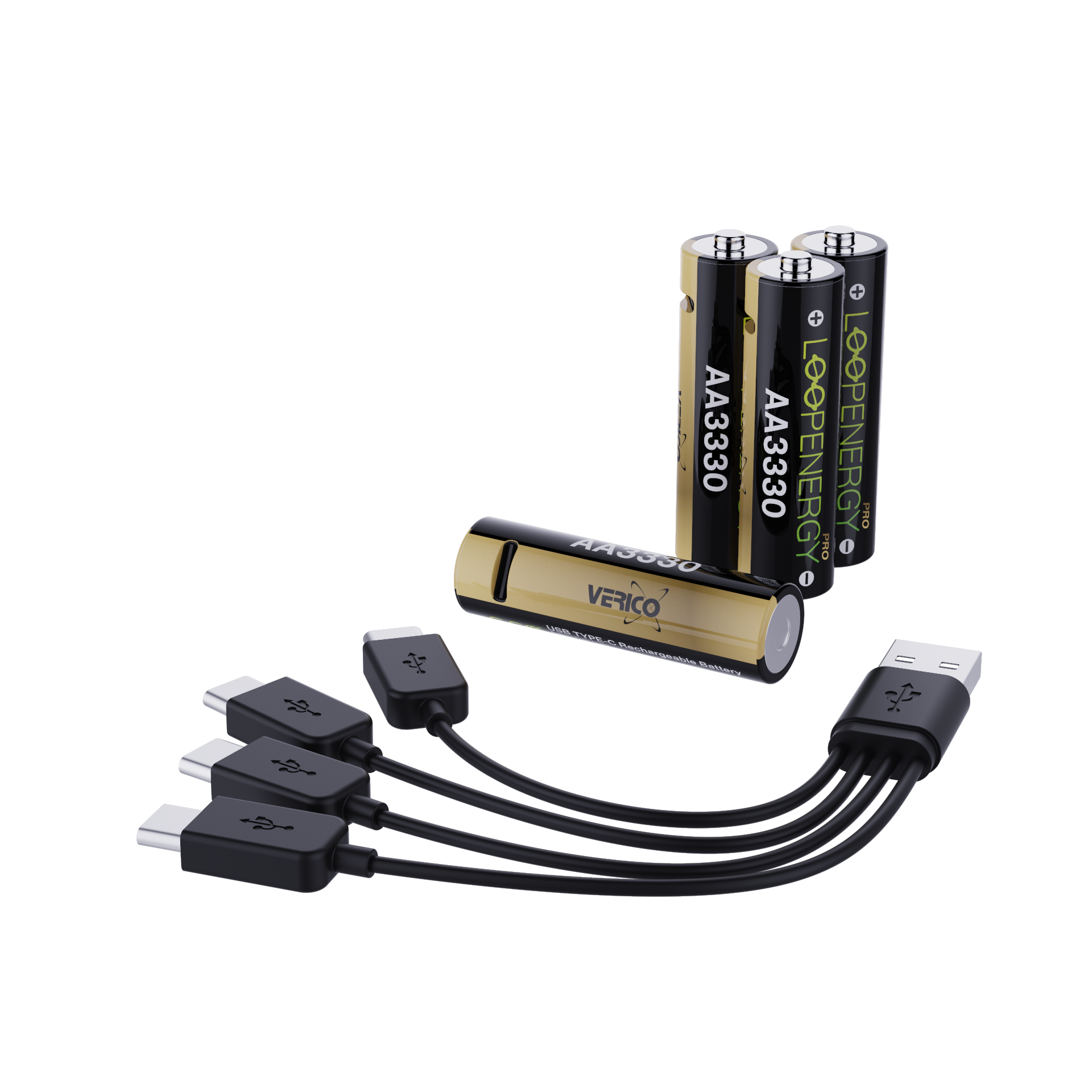 VERICO LoopEnergy 4-Pack AA PRO - Wiederaufladbare USB-C Batterie AA 1,5V 3330mWh (2220mAh) Li-Ion, USB-C, 4er Pack AA,  1 Kabel USB -A auf 4 x USB-C Akkus Produkt Bild 2