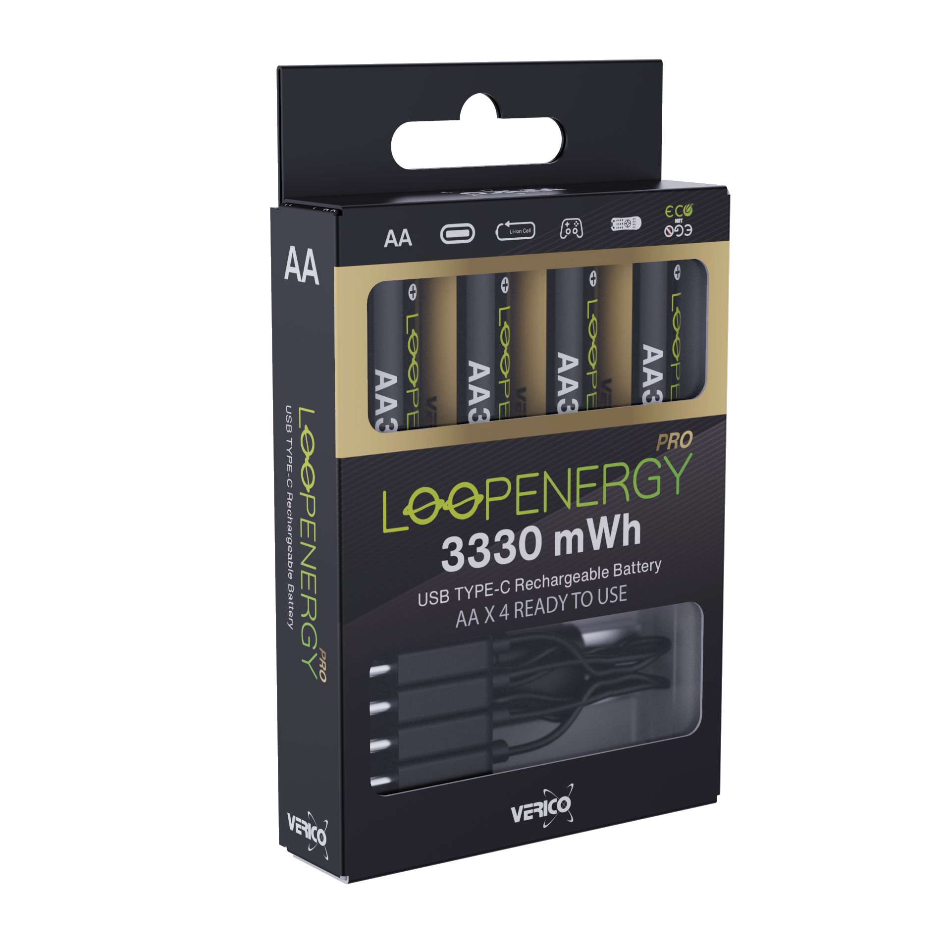 VERICO LoopEnergy 4-Pack AA PRO - Wiederaufladbare USB-C Batterie AA 1,5V 3330mWh (2220mAh) Li-Ion, USB-C, 4er Pack AA,  1 Kabel USB -A auf 4 x USB-C Akkus Produkt Bild 7