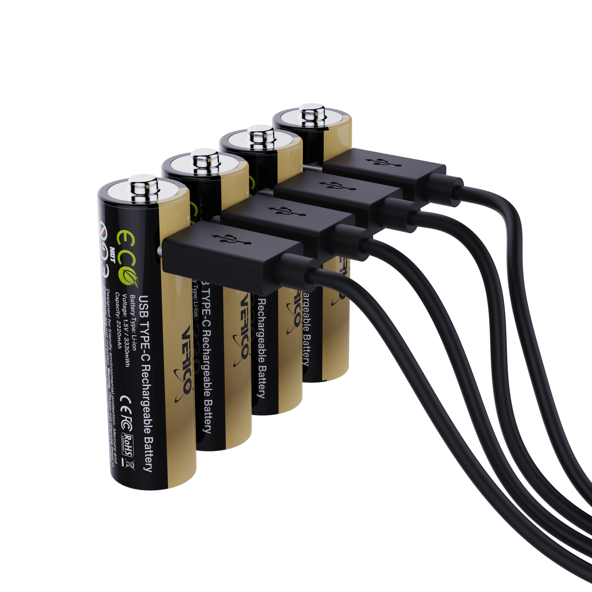 VERICO LoopEnergy 4-Pack AA PRO - Wiederaufladbare USB-C Batterie AA 1,5V 3330mWh (2220mAh) Li-Ion, USB-C, 4er Pack AA,  1 Kabel USB -A auf 4 x USB-C Akkus Produkt Bild 4