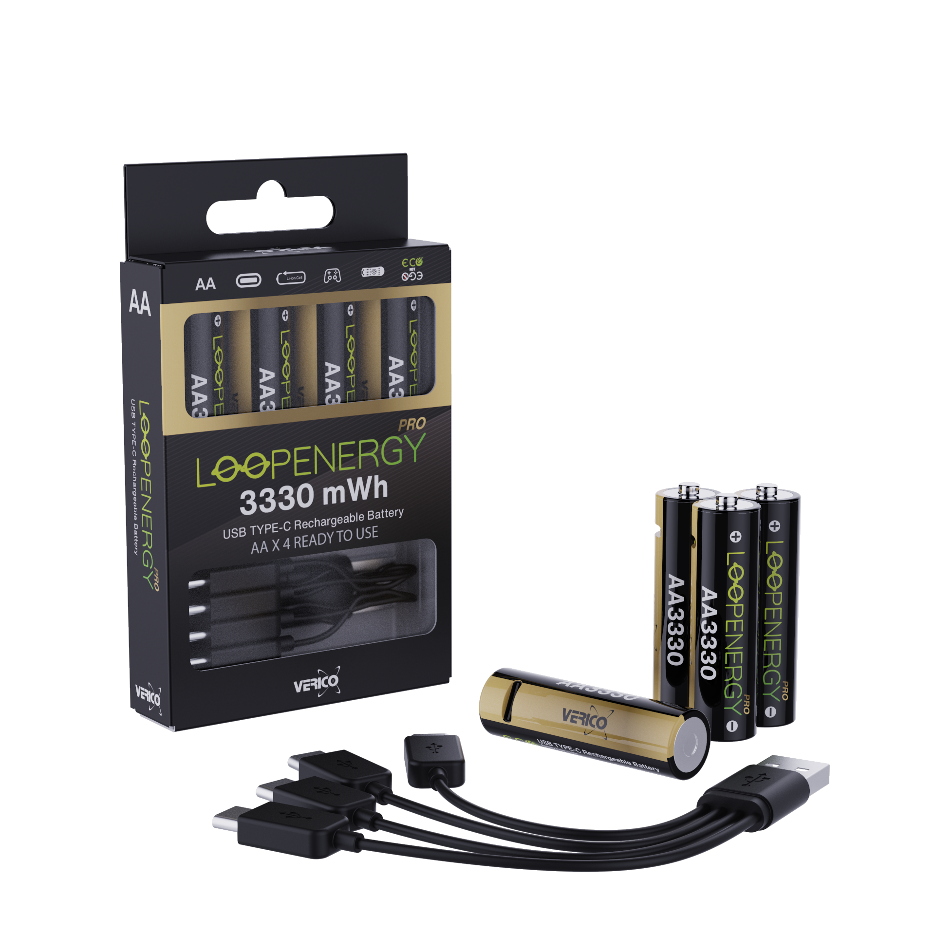 VERICO LoopEnergy 4-Pack AA PRO - Wiederaufladbare USB-C Batterie AA 1,5V 3330mWh (2220mAh) Li-Ion, USB-C, 4er Pack AA,  1 Kabel USB -A auf 4 x USB-C Akkus Produkt Bild 1