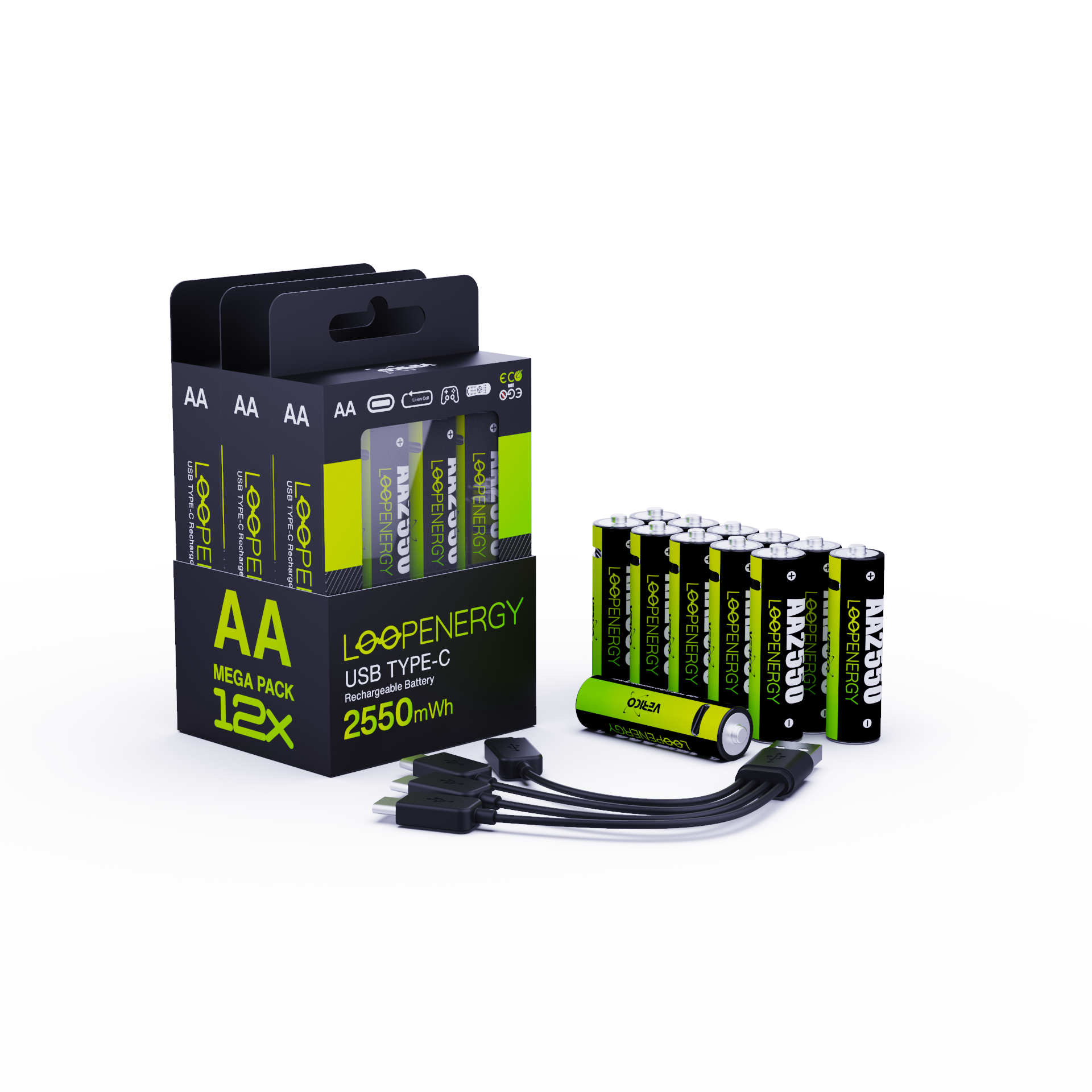 VERICO LoopEnergy 12-Pack AA - Wiederaufladbare USB-C Batterie AA 1,5V 2550mWh 1700mAh Li-Ion, USB-C , 12er Pack AA, 3 Stück Kabel USB-A auf 4 x US