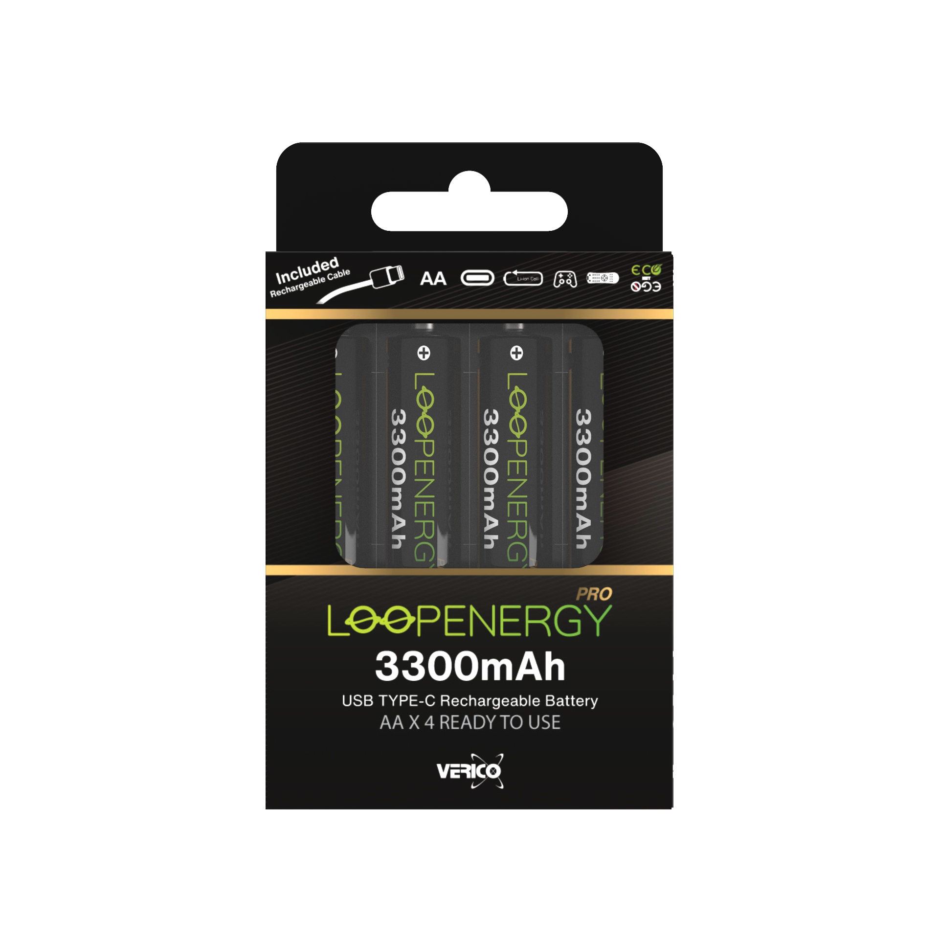 VERICO LoopEnergy 4-Pack AA PRO - Wiederaufladbare USB-C Batterie AA 1,5V 3330mWh (2220mAh) Li-Ion, USB-C, 4er Pack AA,  1 Kabel USB -A auf 4 x USB-C Akkus Produkt Bild 6
