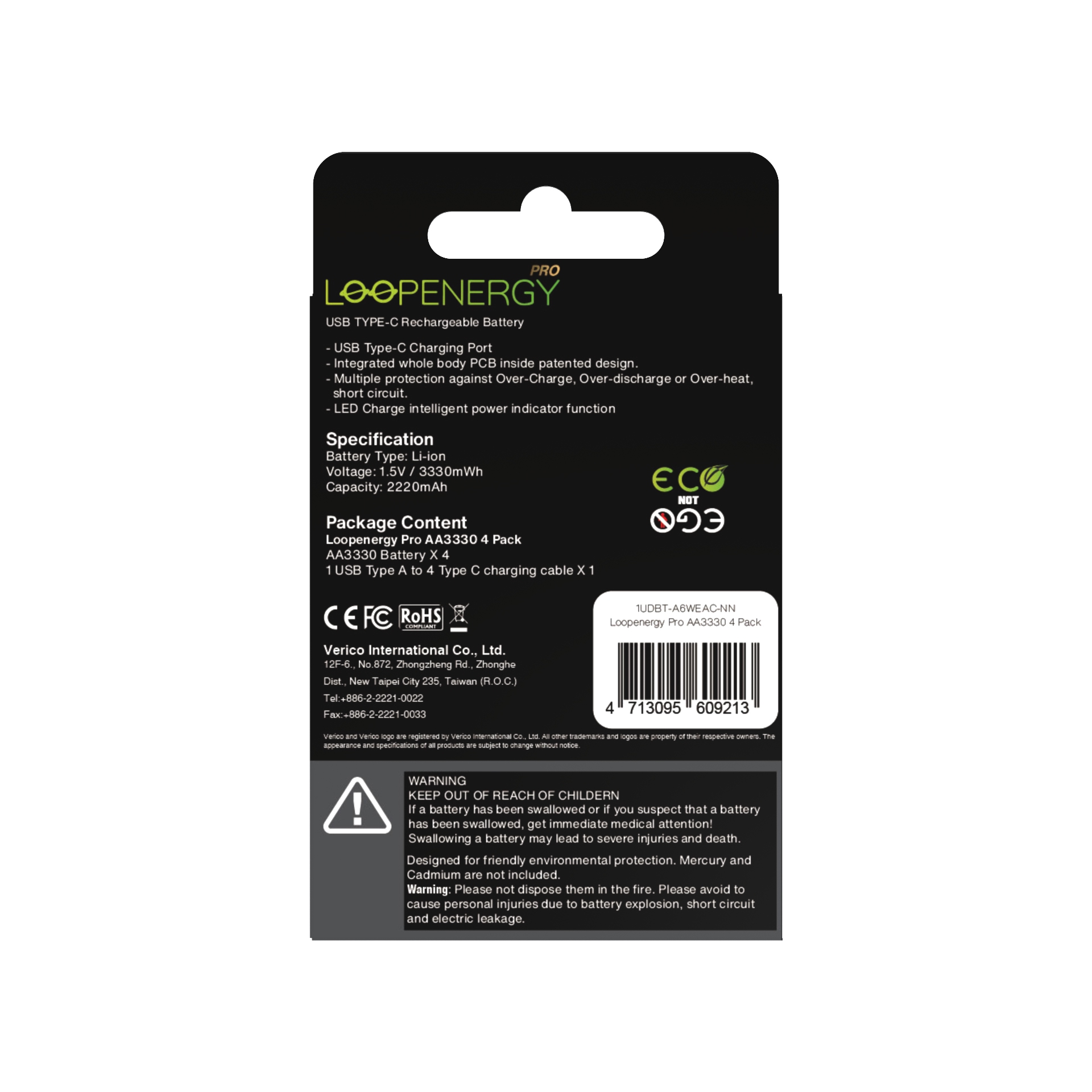 VERICO LoopEnergy 4-Pack AA PRO - Wiederaufladbare USB-C Batterie AA 1,5V 3330mWh (2220mAh) Li-Ion, USB-C, 4er Pack AA,  1 Kabel USB -A auf 4 x USB-C Akkus Produkt Bild 5
