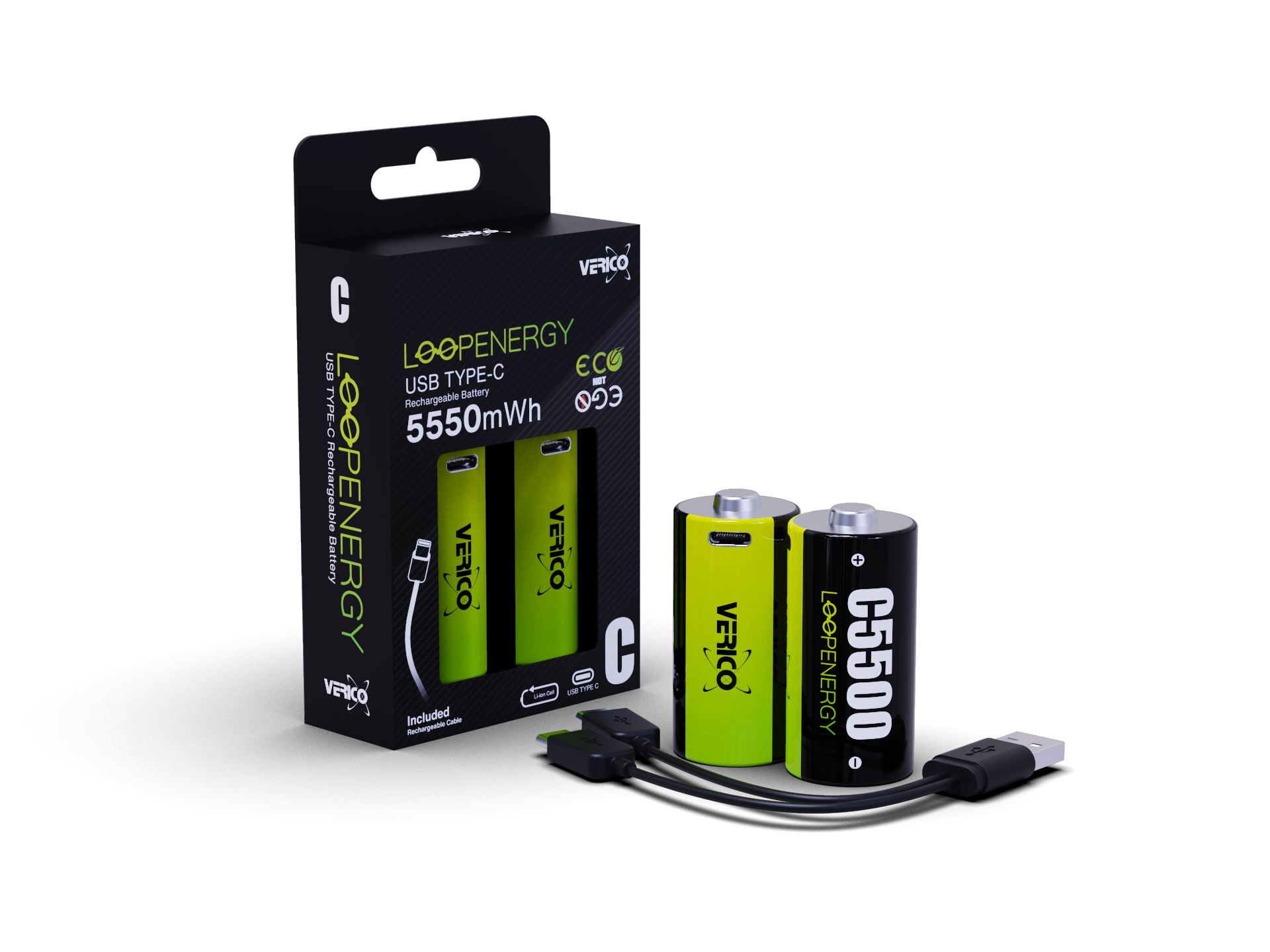 VERICO LoopEnergy Baby C 2er Pack 5500mWh / 3700 mAh, USB Type-C wiederaufladbare Batterie, Li-Ion, enthält 1 Type A zu 2 Type C Aufladekabel