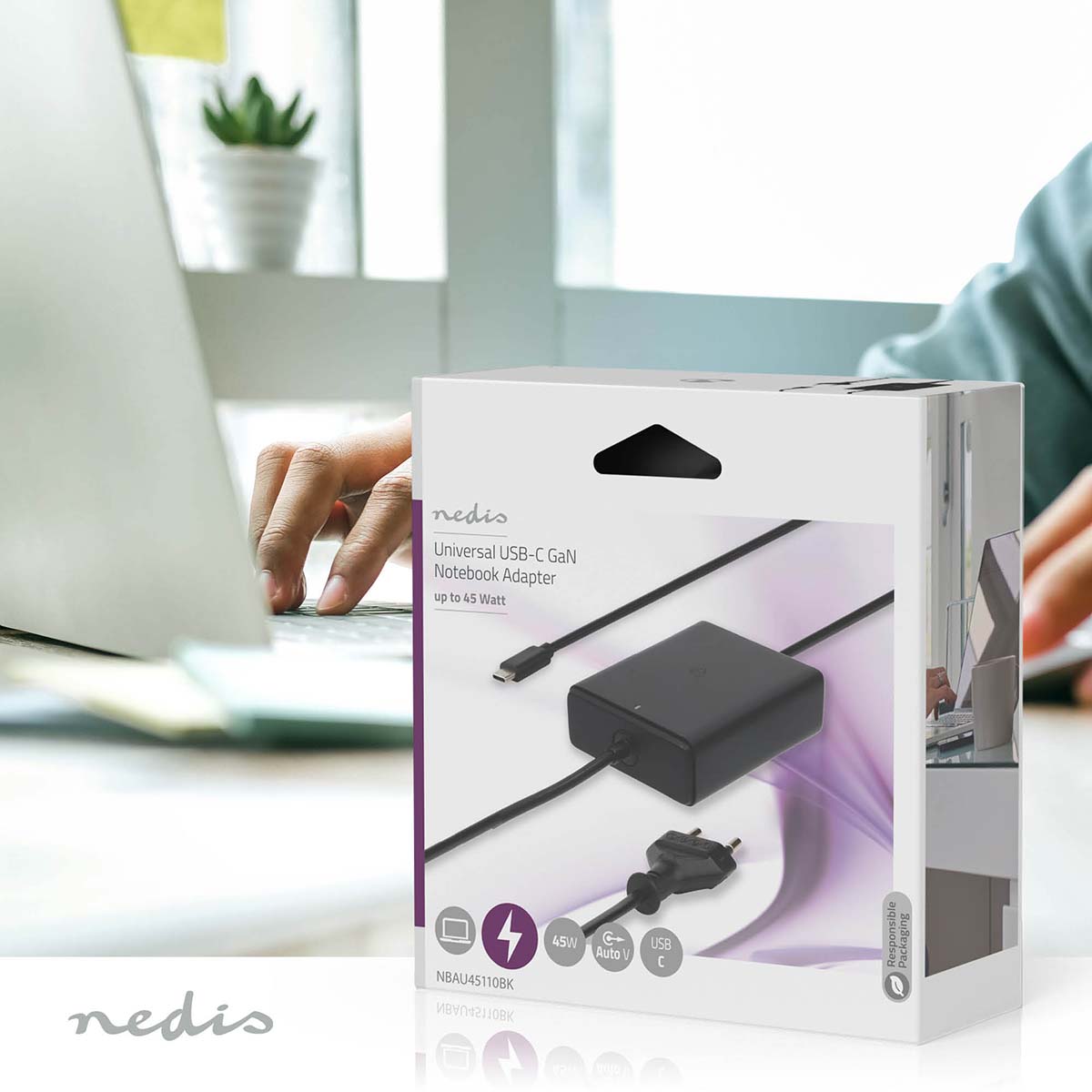 Nedis Notebook Adapter Netzteil | GaN | 45 W | |5 / 9 / 12 / 15 / 20 V DC | 2.25 / 2.33 / 2.92 / 3.0 A | Benutzt für: Notebook / Smartphone / Tablet |