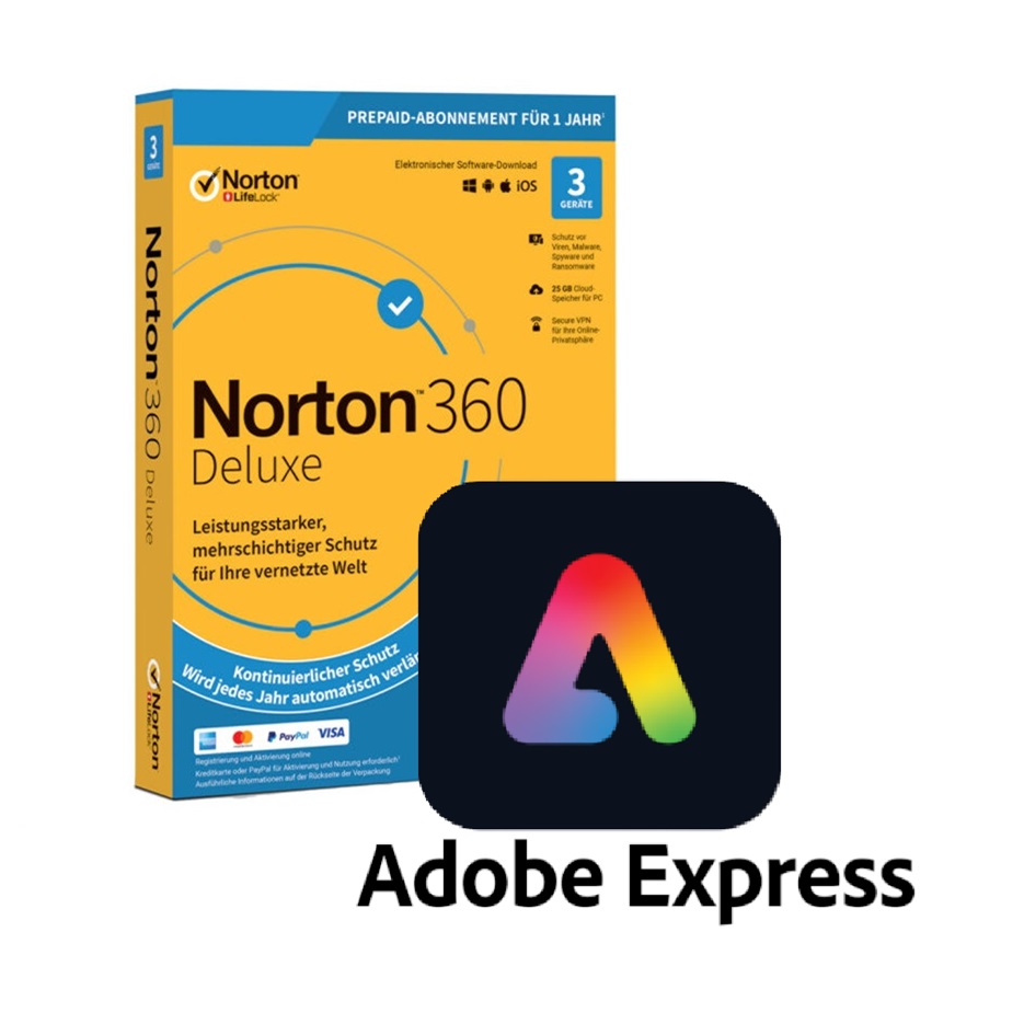 Adobe Express Premium | 1 Jahr | 100GB | Web/iOS/Android inkl. Norton 360 Deluxe | 15 Monate | 5 Geräte