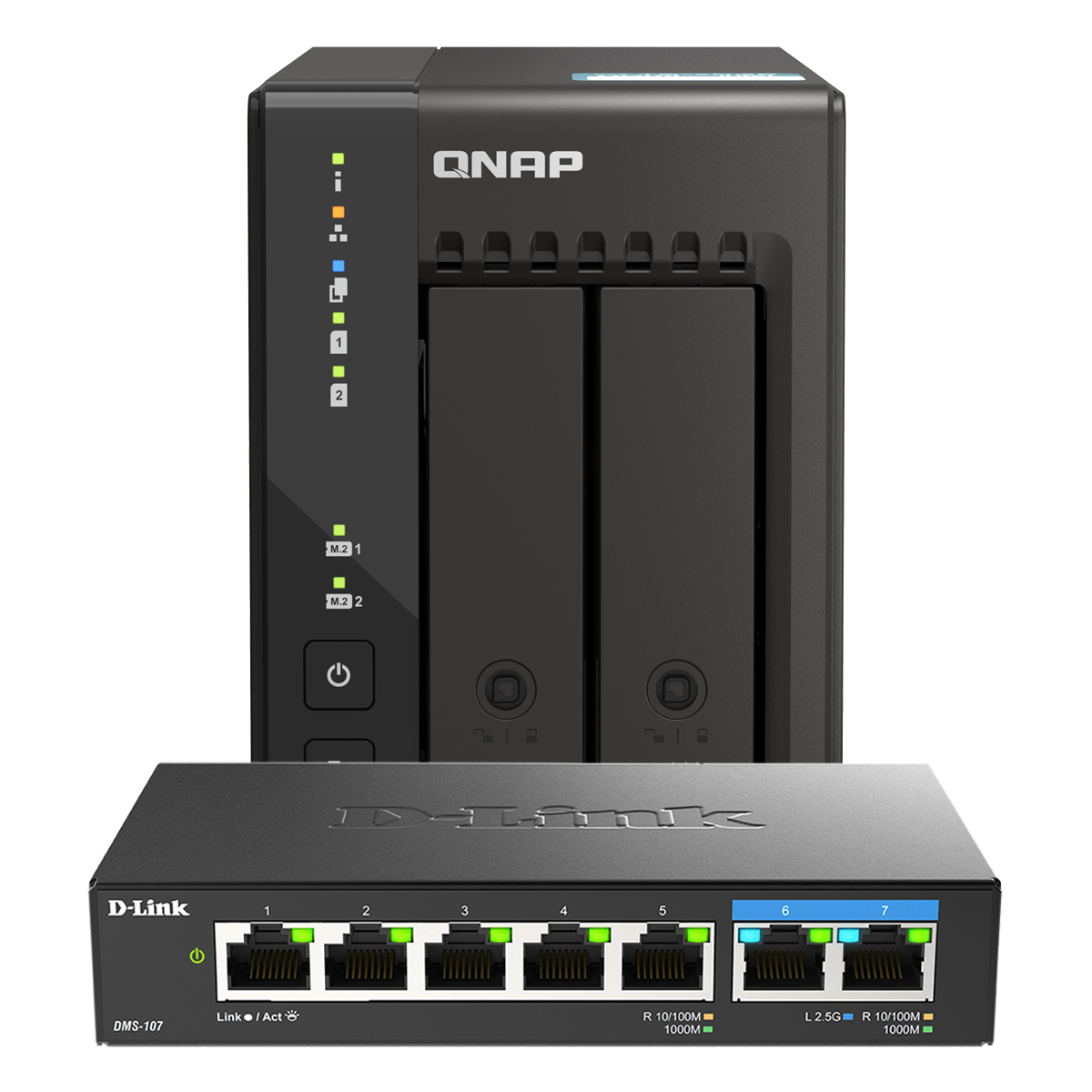 QNAP TS-253E-8G inkl. D-Link DMS-107 Bundle mit 2-Bay NAS und 7-Port Netzwerk-Switch