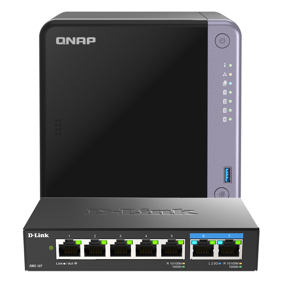 QNAP TS-432X-4G inkl. D-Link DMS-107 Bundle mit 4-Bay NAS und 7-Port Netzwerk-Switch