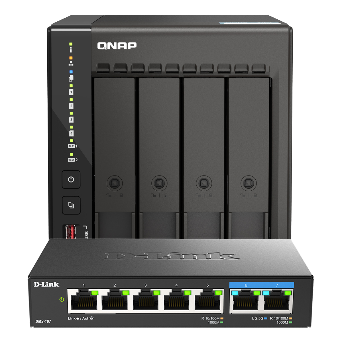 QNAP TS-453E-8G inkl. D-Link DMS-107 Bundle mit 4-Bay NAS und 7-Port Netzwerk-Switch