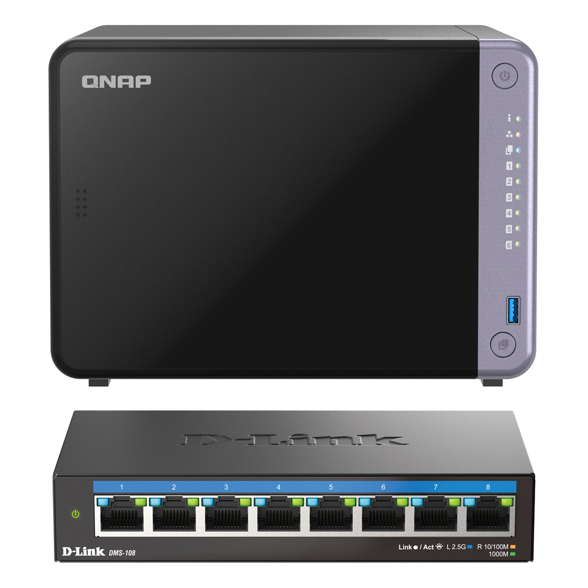 QNAP TS-632X-4G inkl. D-Link DMS-108 Bundle mit 6-Bay NAS und 8-Port Netzwerk-Switch