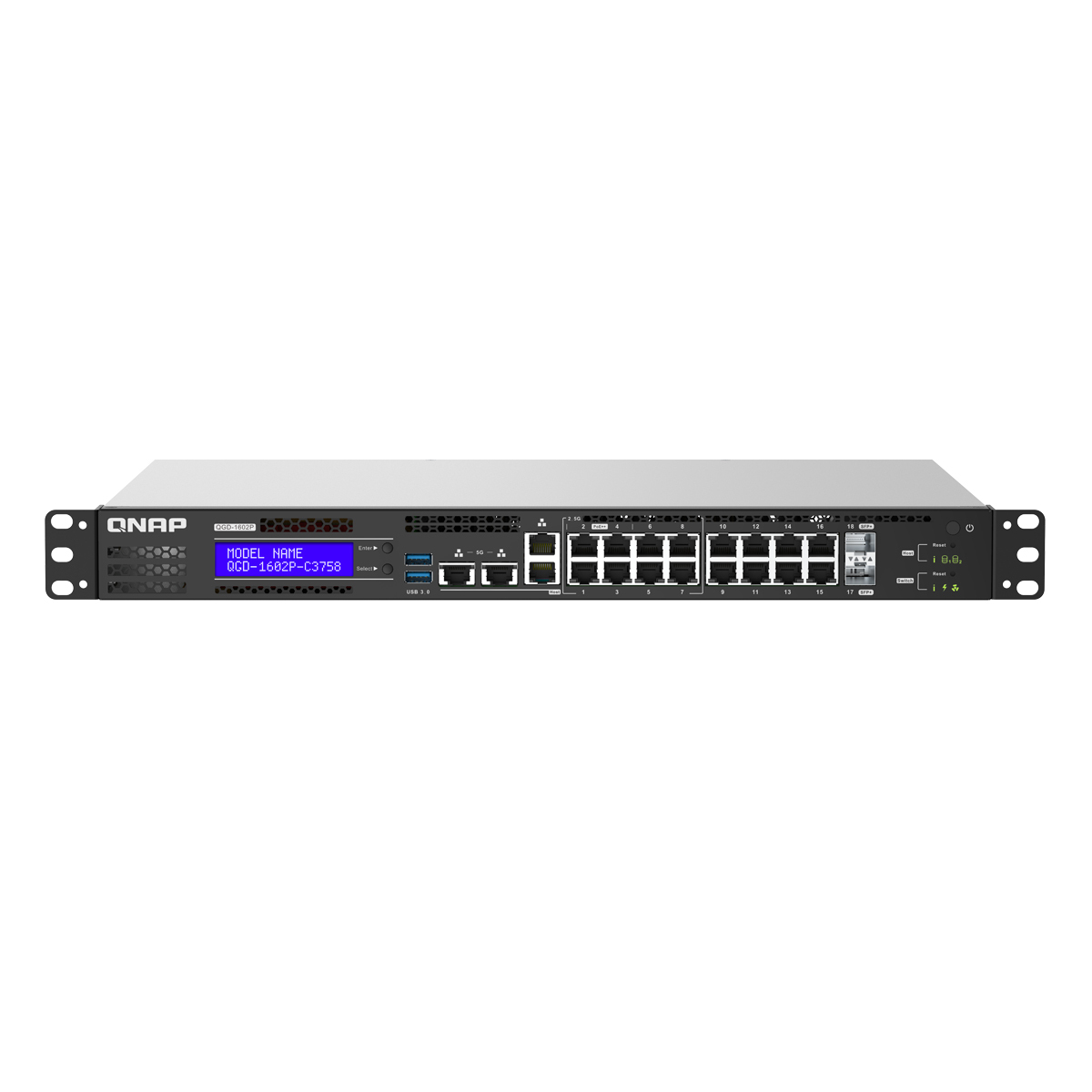 Thumbnail - QNAP QGD-1602P Managed Switch 8x 2.5G RJ45, 8x 1G RJ45, 2x 10G SFP+, 4x Management, 2x USB 3.2 Gen 1x1