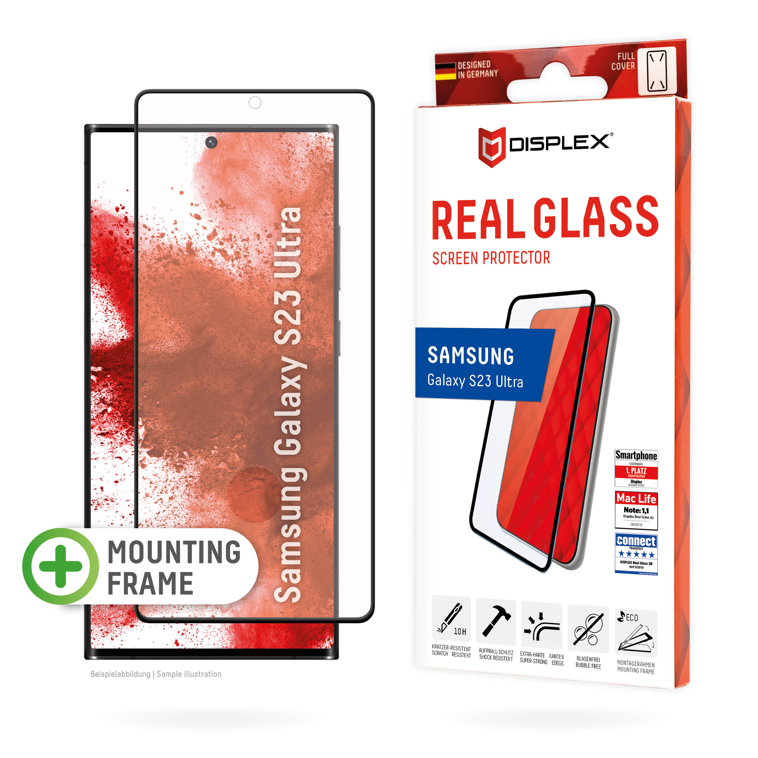 DISPLEX Real Glasschutzfolie 3D für Samsung Galaxy S23 Ultra kratzer-resistent, Kantenschutz, Schmutzabweisend