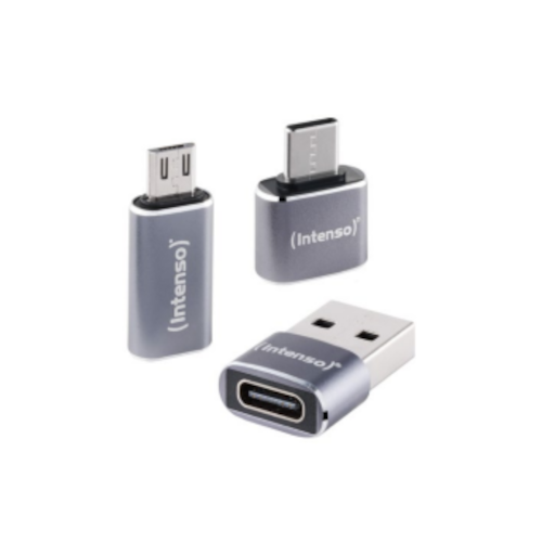 Thumbnail - Intenso 3er Pack USB Adapter MIX480, Aluminium grau USB-C Buchse zu microUSB Stecker, USB-C Buchse zu USB-A Stecker, USB...