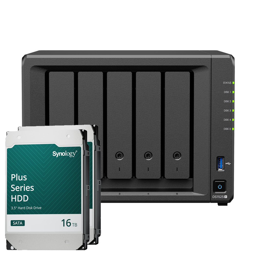 Synology DS1525+ 32TB Plus HDD NAS-Bundle NAS inkl. 2x 16TB Synology Plus 3.5 Zoll SATA Festplatte