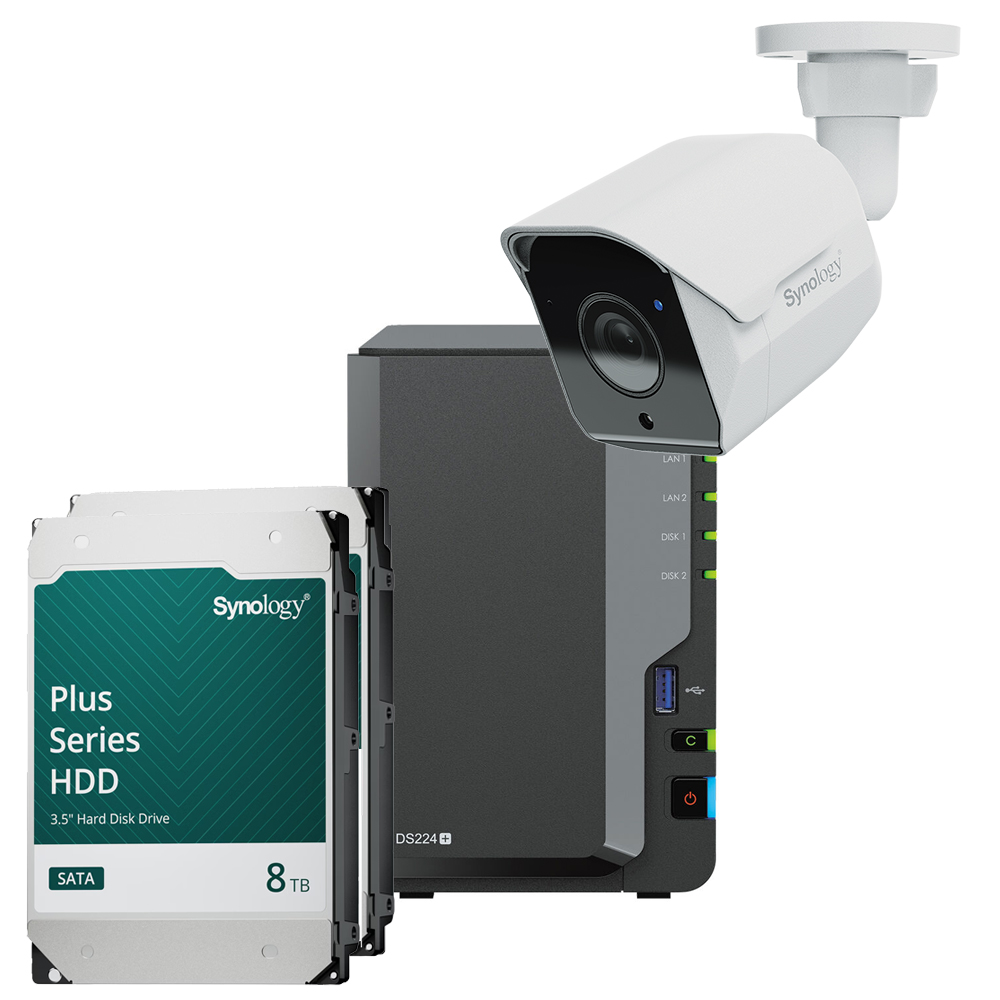 Synology DS224+ 16TB Surveillance Bundle NAS inkl. 2x 8TB Synology Plus HDD und 1x BC500 Überwachungskamera